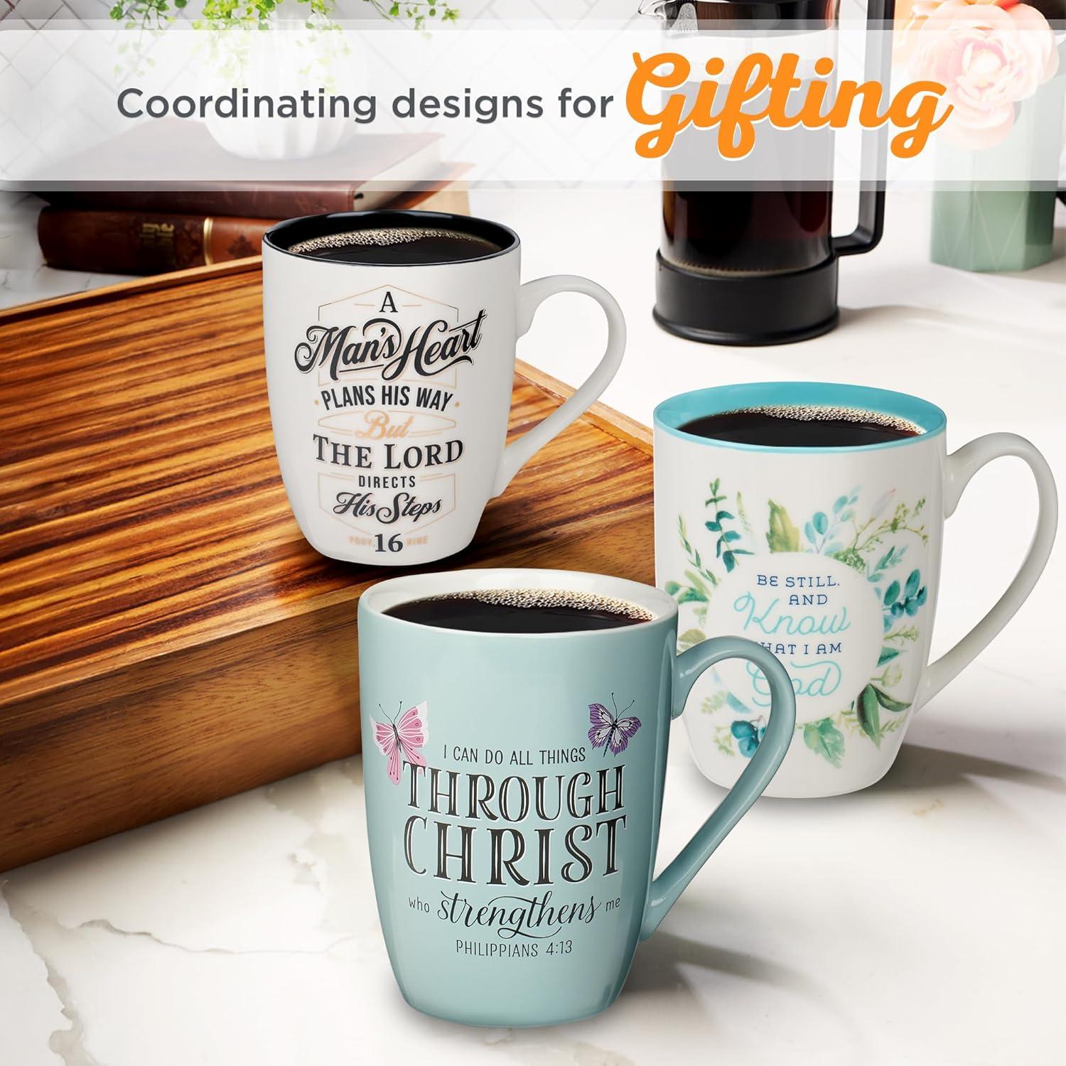 Christian Art Gifts Inspiring Ceramic Coffee Mug for Women: All Things Through Christ - Philippians 4:13 Bible Verse, Microwave/Dishwasher Safe, Light Blue & White w/Pink & Purple Butterflies, 12 oz.