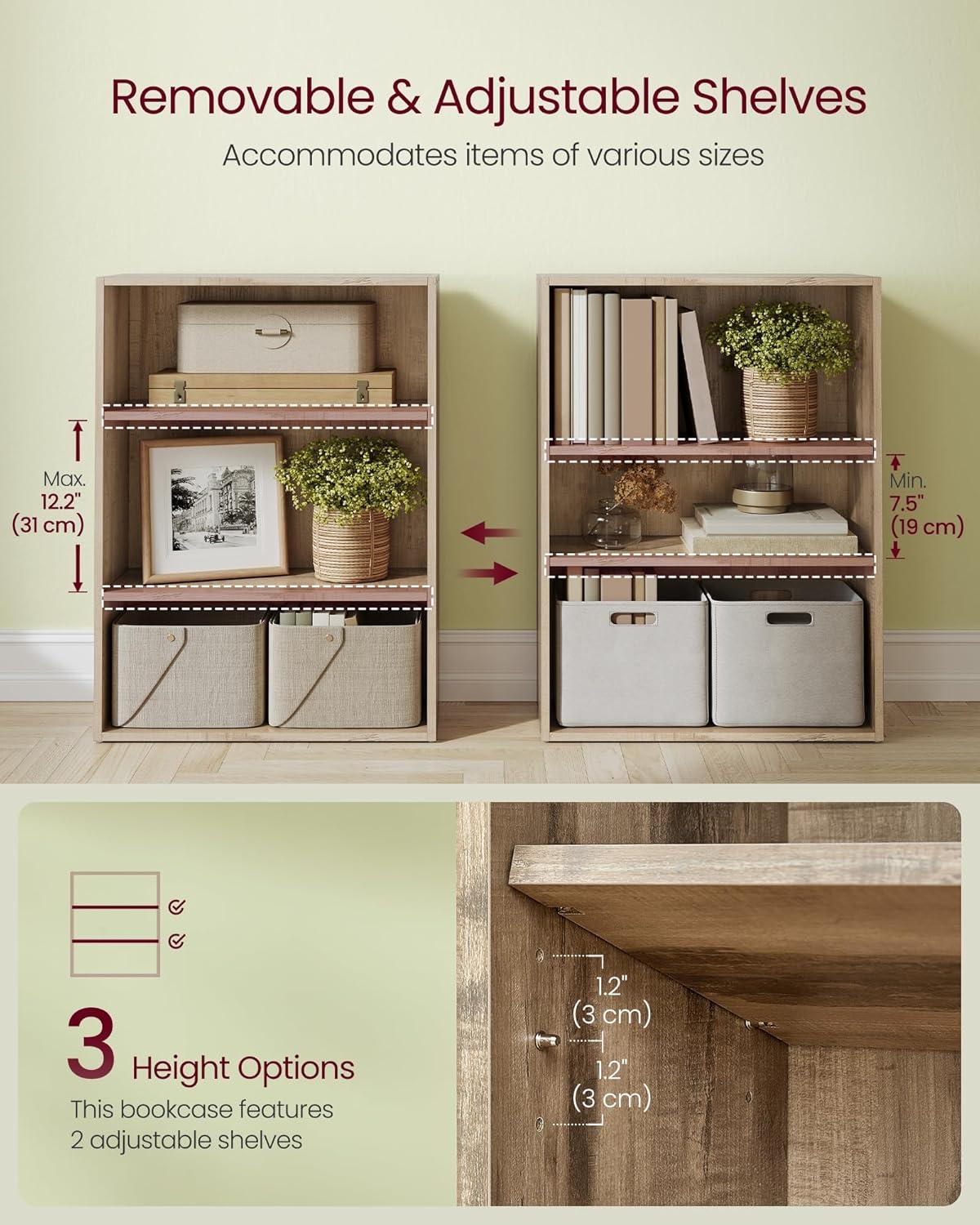 Cube Storage Organizer 3-Tier Bookshelf Bookcase with Adjustable Storage Shelves Rustic Brown