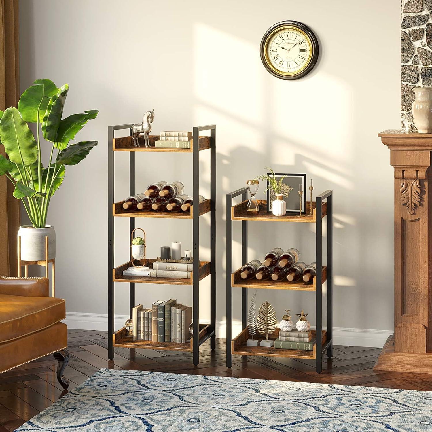 Rolanstar Bookshelf, 4-Tier Storage Rack, Narrow Corner Bookshelf, Display Wooden Shelves for Living Room, Bathroom, Balcony, Kitchen,Rustic Brown