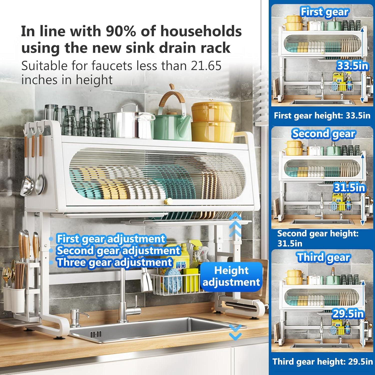 Over The Sink Dish Drying Rack 3 Tier Large Kitchen Sink Shlef Dish Rack Over The Counter Metal Dish Drying Rack Adjustable (28.34"-31.49") (White)