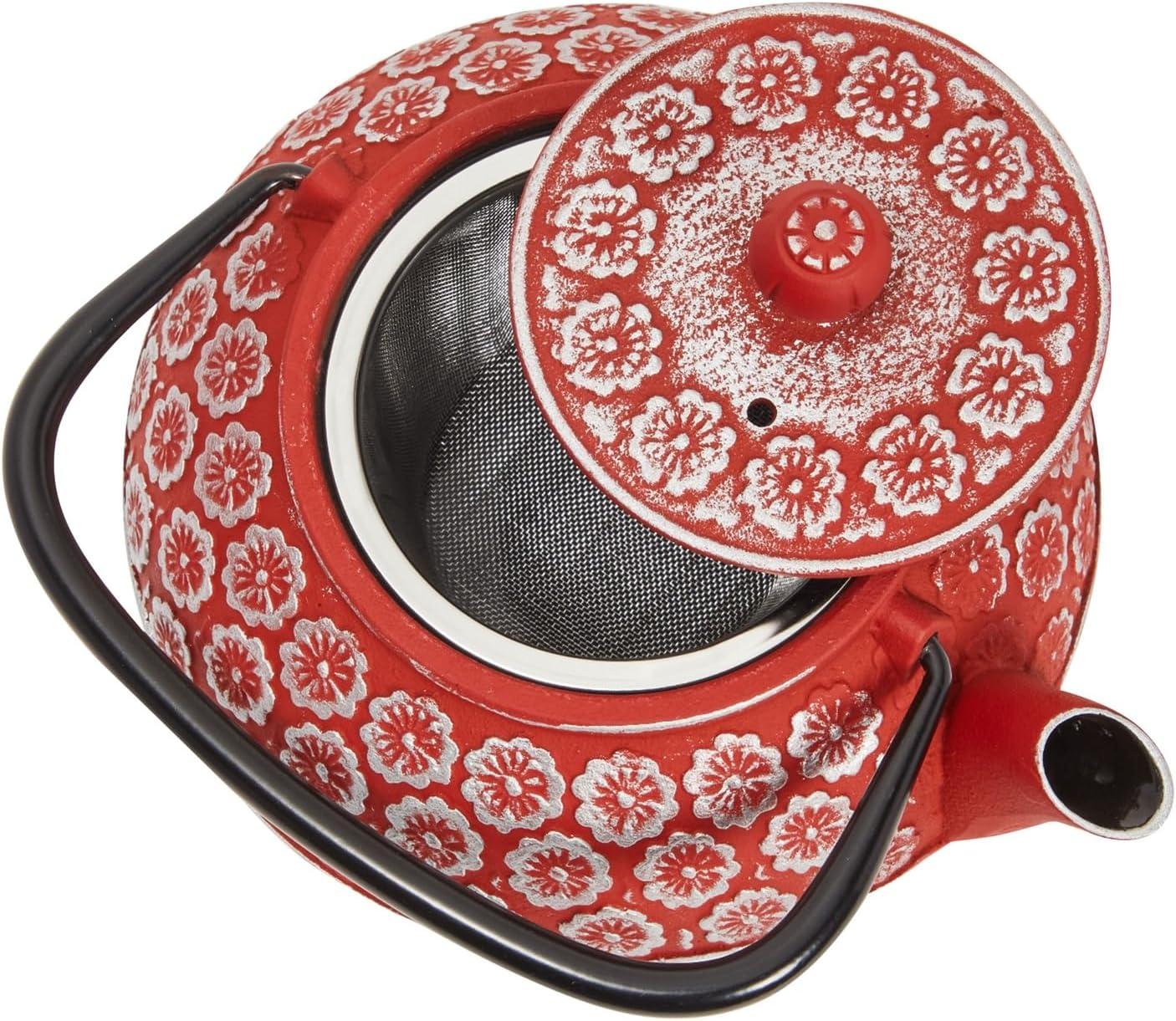 Juvale Green Cast Iron Floral Teapot Kettle with Stainless Steel Infuser Set, Japanese Tea Pot for Kitchen Pantry, 34 oz