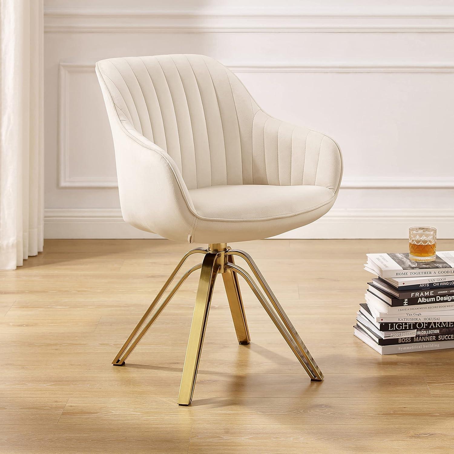 Off-White Contemporary Swivel Accent Chair with Gold Metal Legs