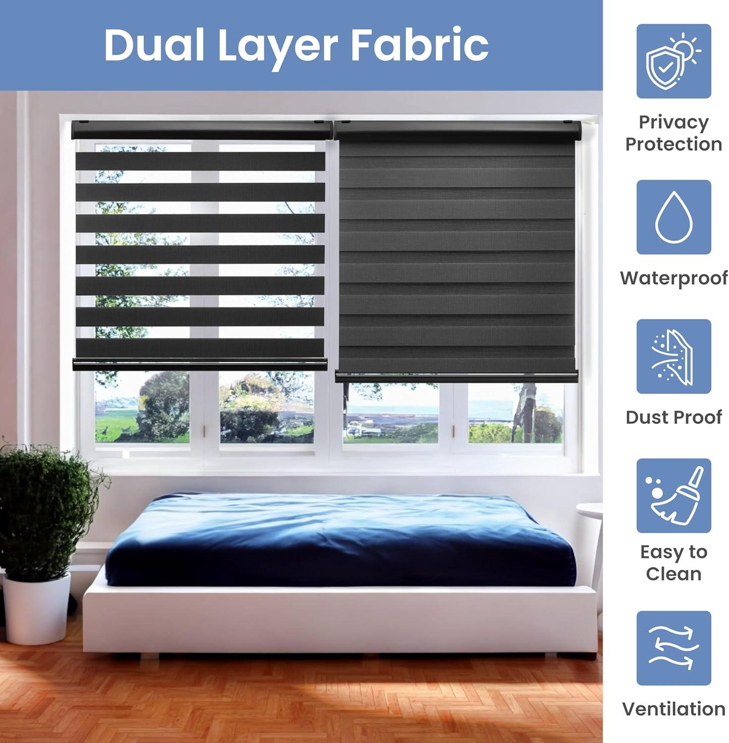 Lauren Taylor Cordless Zebra Blinds for Windows - 100% Polyester Pull Down Roller Shades for Windows (Black, 24" W x 84" H)