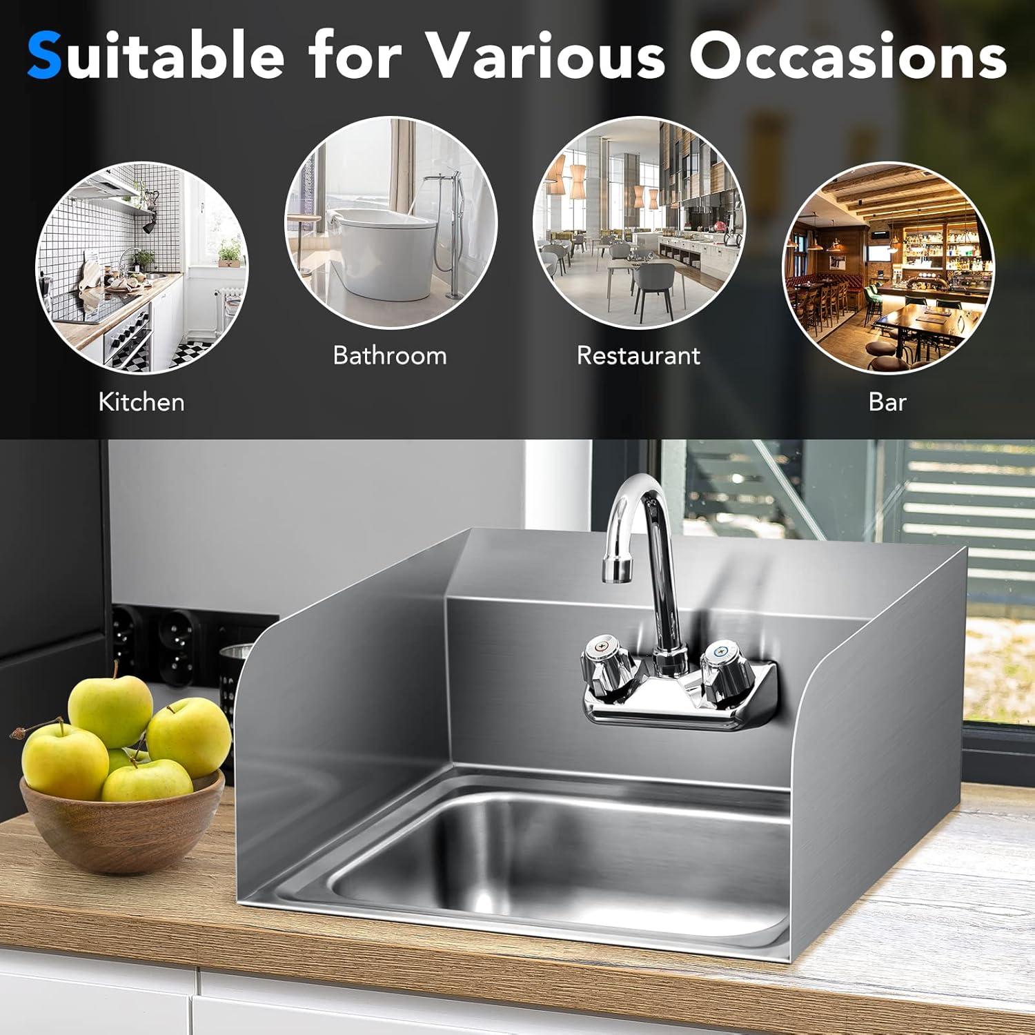 Tangkula Stainless Steel Sink NSF Wall Mount Hand Washing Sink with Faucet & Side Splash