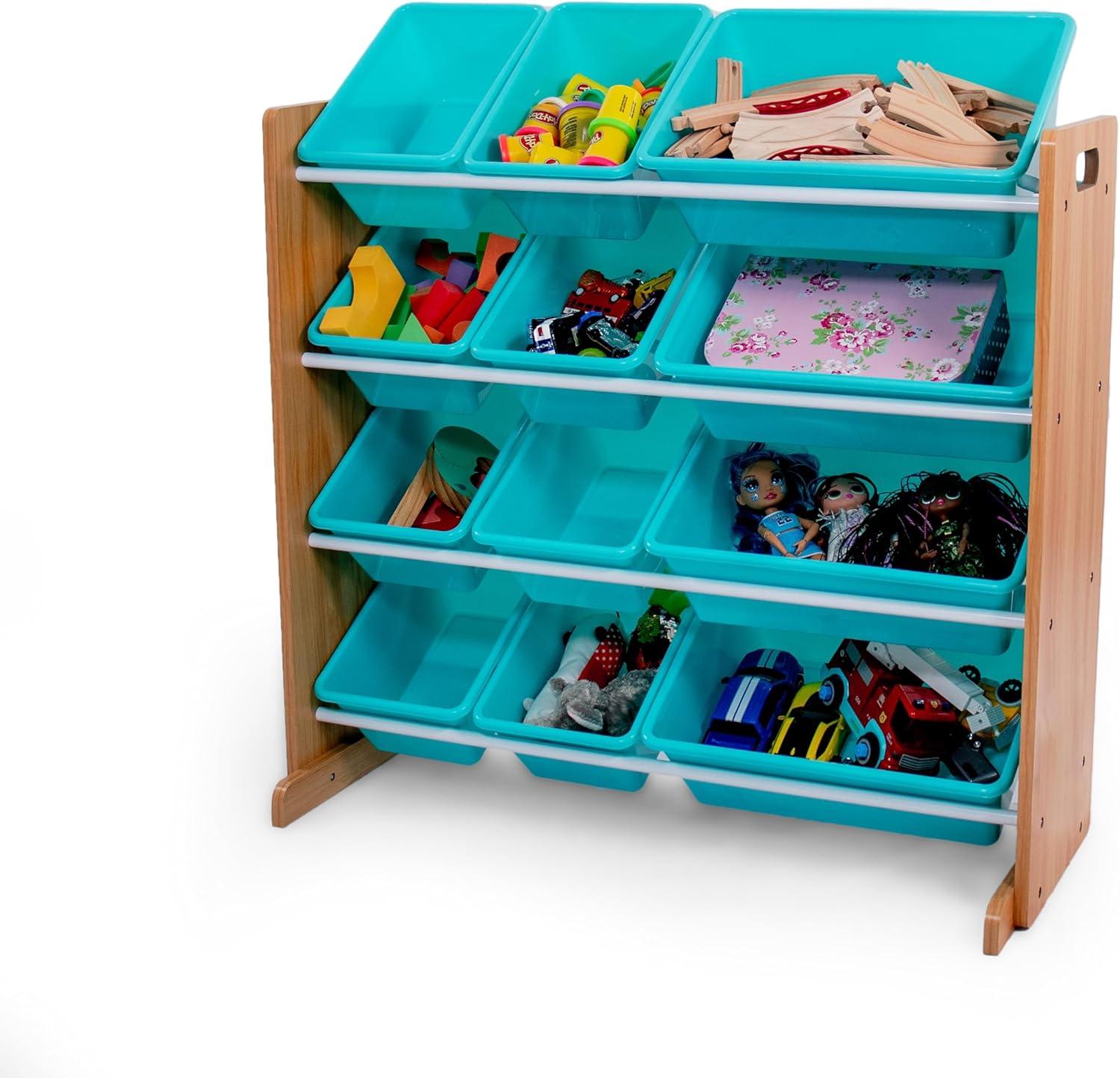 Natural Wood and Aqua 12-Bin Kids Toy Storage Organizer