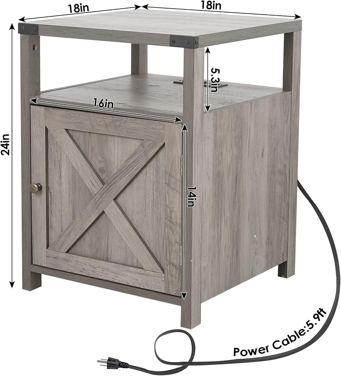 Gray Farmhouse Nightstand with Charging Station and Storage