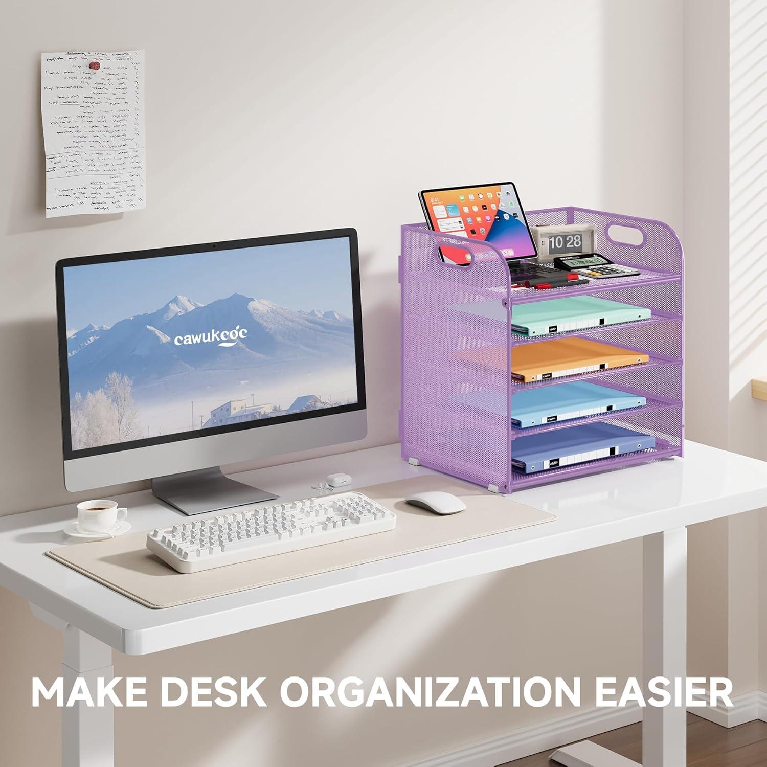 Marbrasse Paper Organizer Letter Tray, 5 Tier Mesh File Organizer with Handle, Paper Sorter Desk Organizer for Home Office Supplies - Purple