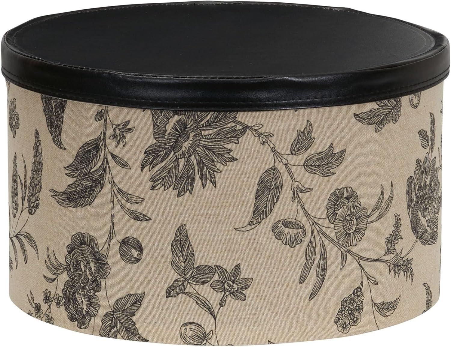 Round Hat Boxes with Lids, Detailed Floral Print with Faux Leather Lids, Large, Medium and Small, Black and Tan