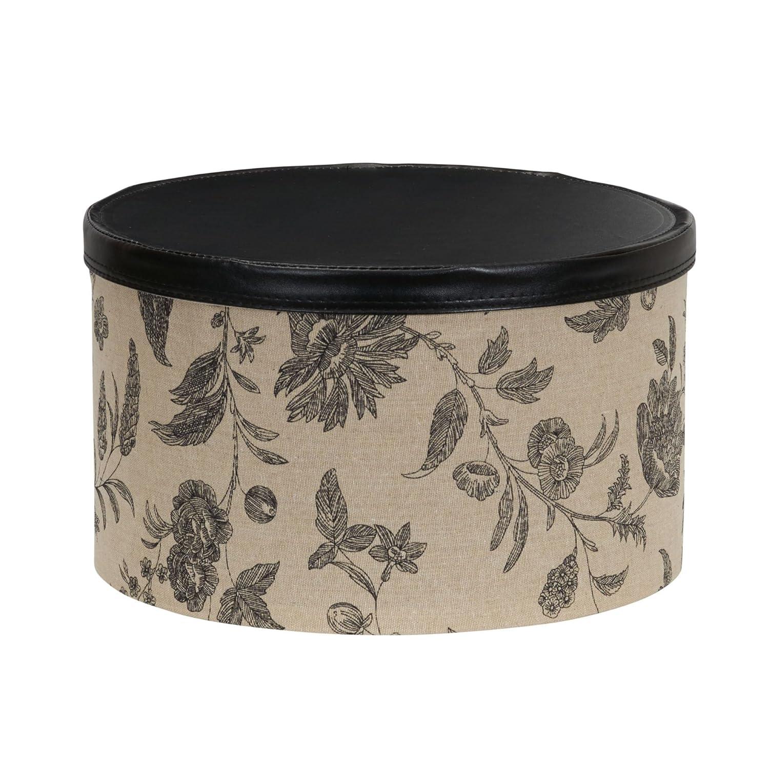 Round Hat Boxes with Lids, Detailed Floral Print with Faux Leather Lids, Large, Medium and Small, Black and Tan