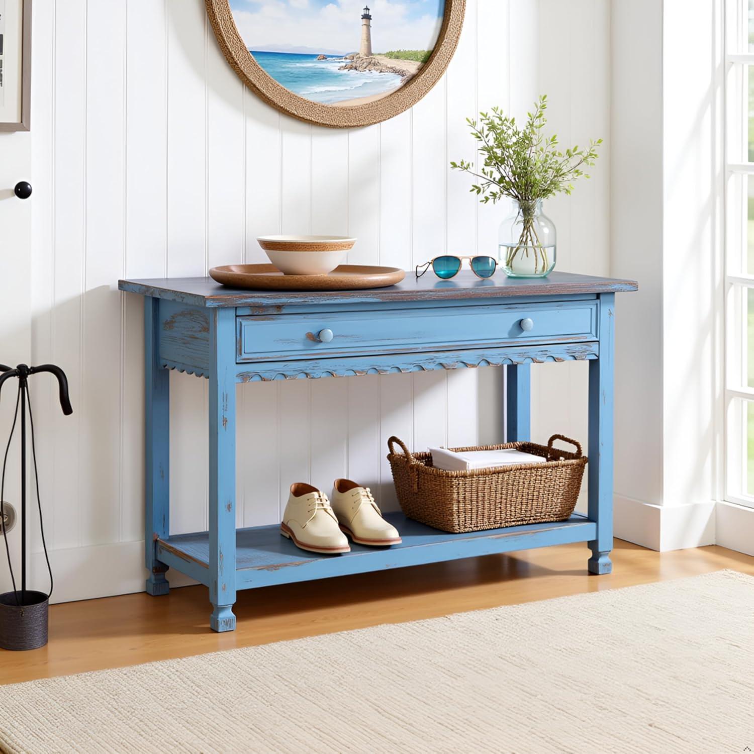 Alaterre Furniture Country Cottage Media/Console Table, Solid Pine Wood Perfect for Living Room, Entryway, Hallway, Blue Antique Finish
