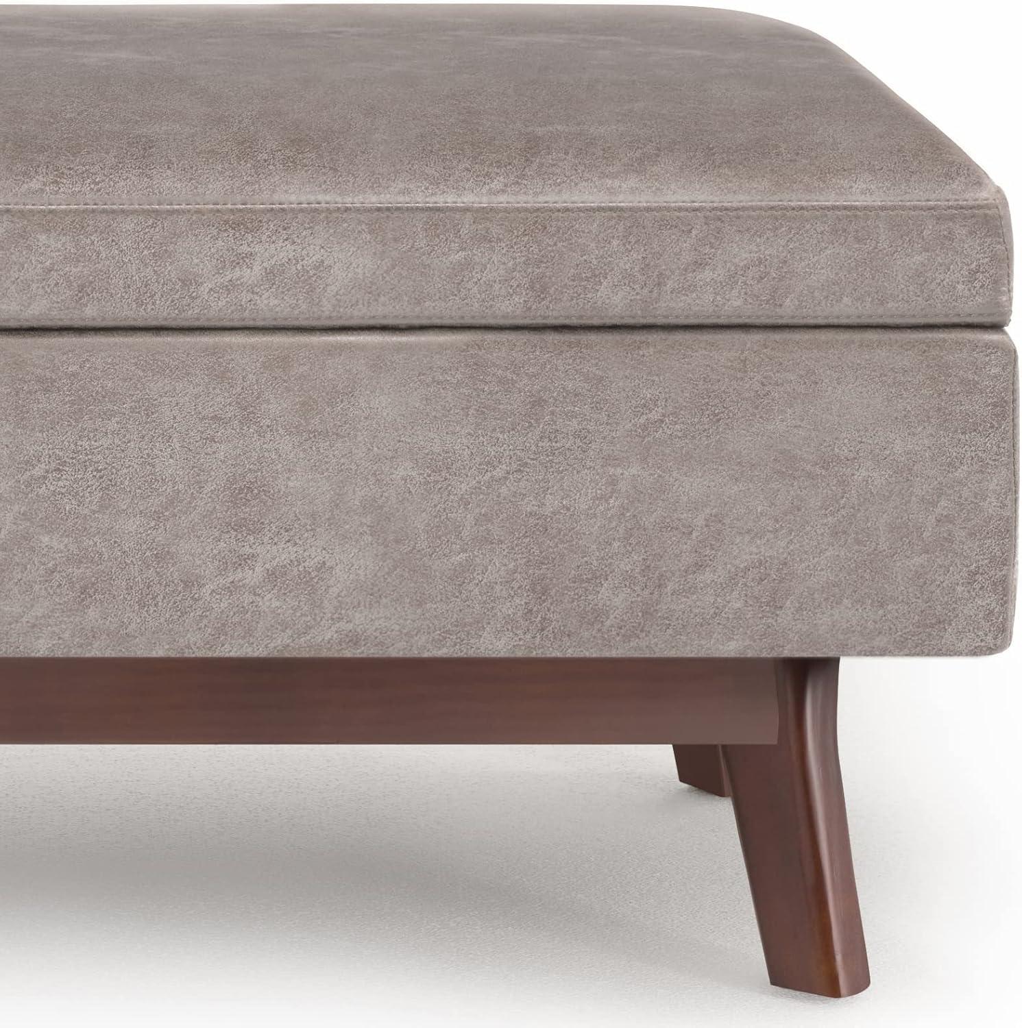 Simpli Home Rectangular Storage Ottoman In Distressed Grey Taupe Vegan Faux Leather