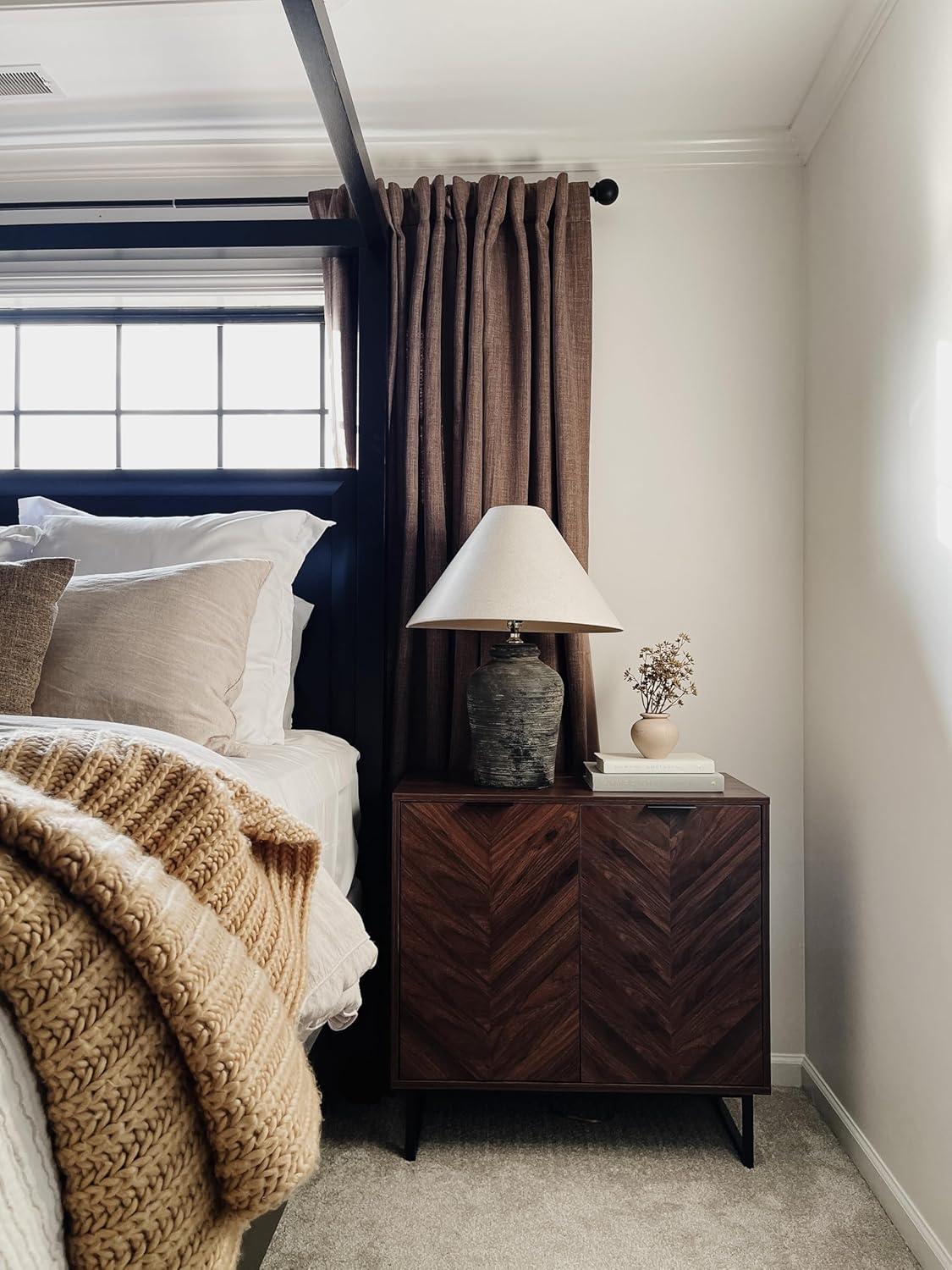 Walnut and Matte Black Freestanding Storage Cabinet with Adjustable Shelves