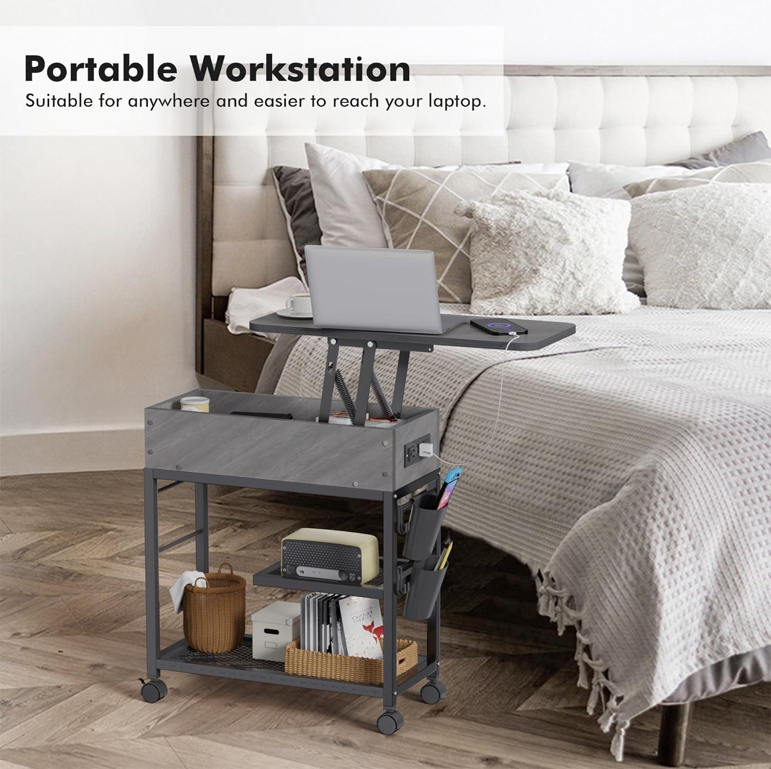 Colima Lift Top End Table with Charging Station and Wheels, Sofa Side Table with USB Port & AC Outlets, Movable Bedside Nightstand with Side Bag for Office Living Room Bedroom(Gray)