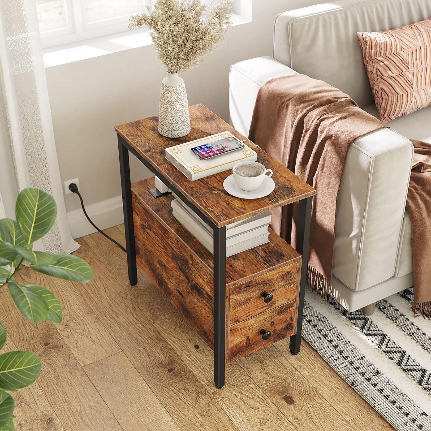 HOOBRO End Table with Charging Station, Narrow Side Table with 2 Drawer & USB Ports & Power Outlets, Nightstand for Small Spaces, for Living Room, Bedroom, Rustic Brown and Black BF541BZ01