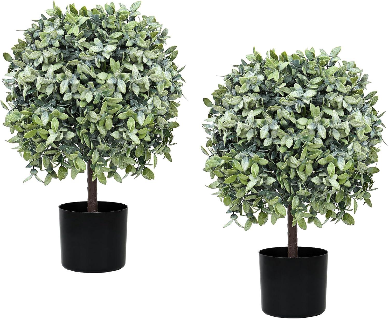 22’’ Faux Boxwood Topiary Ball Tree Set of 2, Artificial Plants Outdoor Weather Resistant, Cement-Filled Potted Bushes, Evergreen Topiary Trees Artificial for Porch Decoration Indoor Outdoor