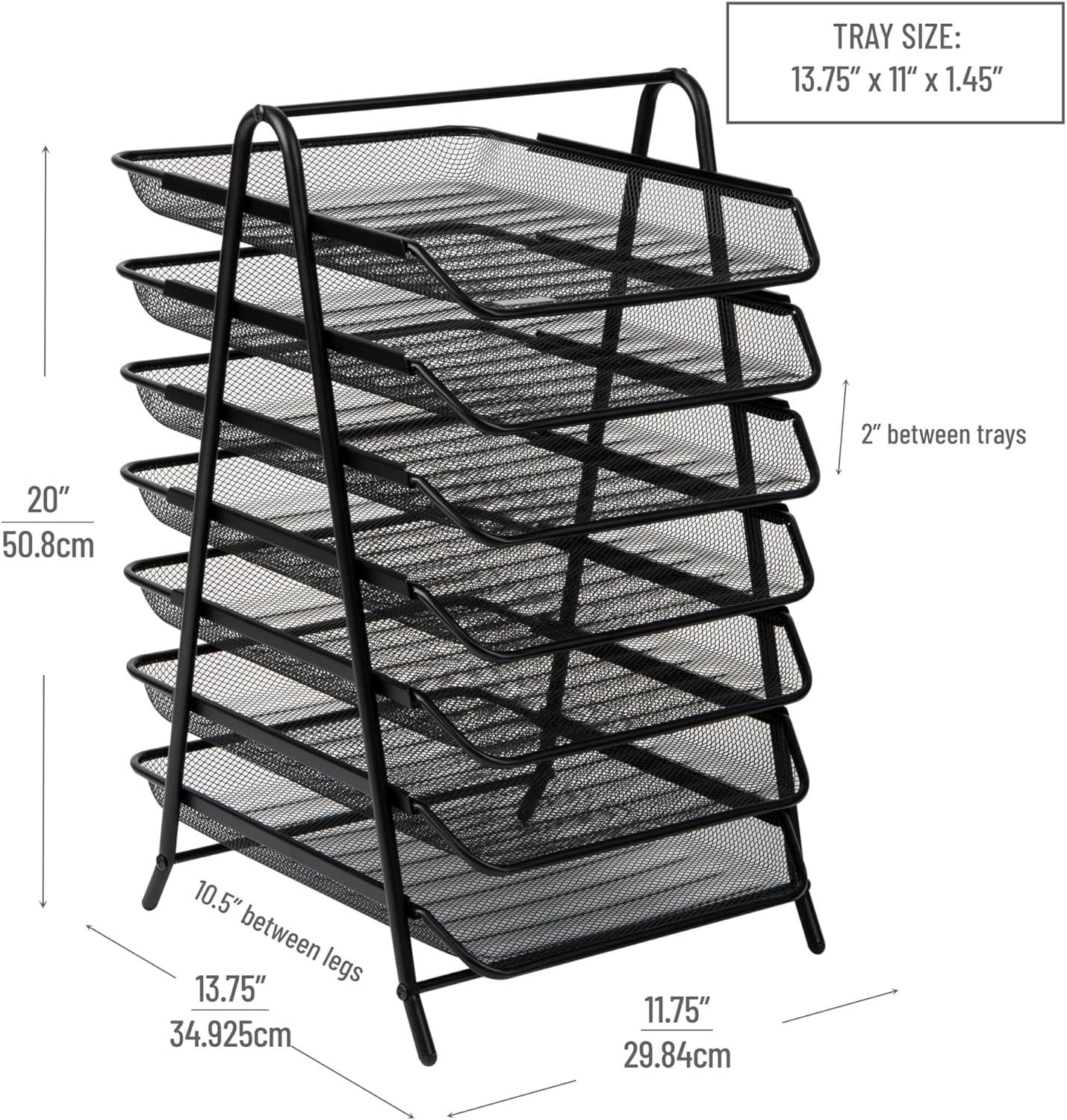 Black Metal Mesh 7-Tier Letter Tray Organizer with Handle