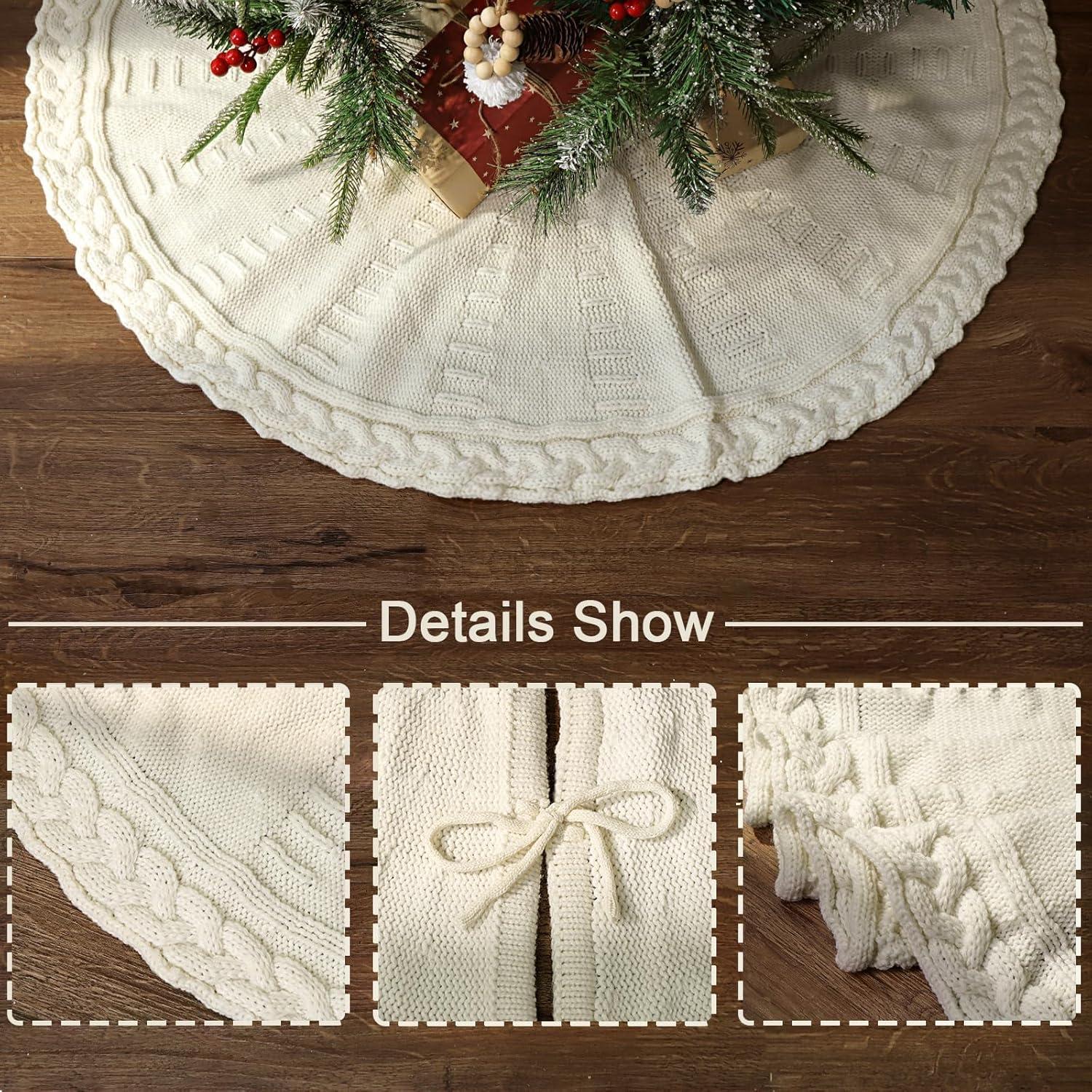 Taotanxi Knitted Christmas Tree Skirt :36 Inches(About 91 Cm)Cream Color White Tree Skirt Woven Twisted Knit Chunky Rustic Christmas Tree Decoration Christmas Holiday Home Party Decoration