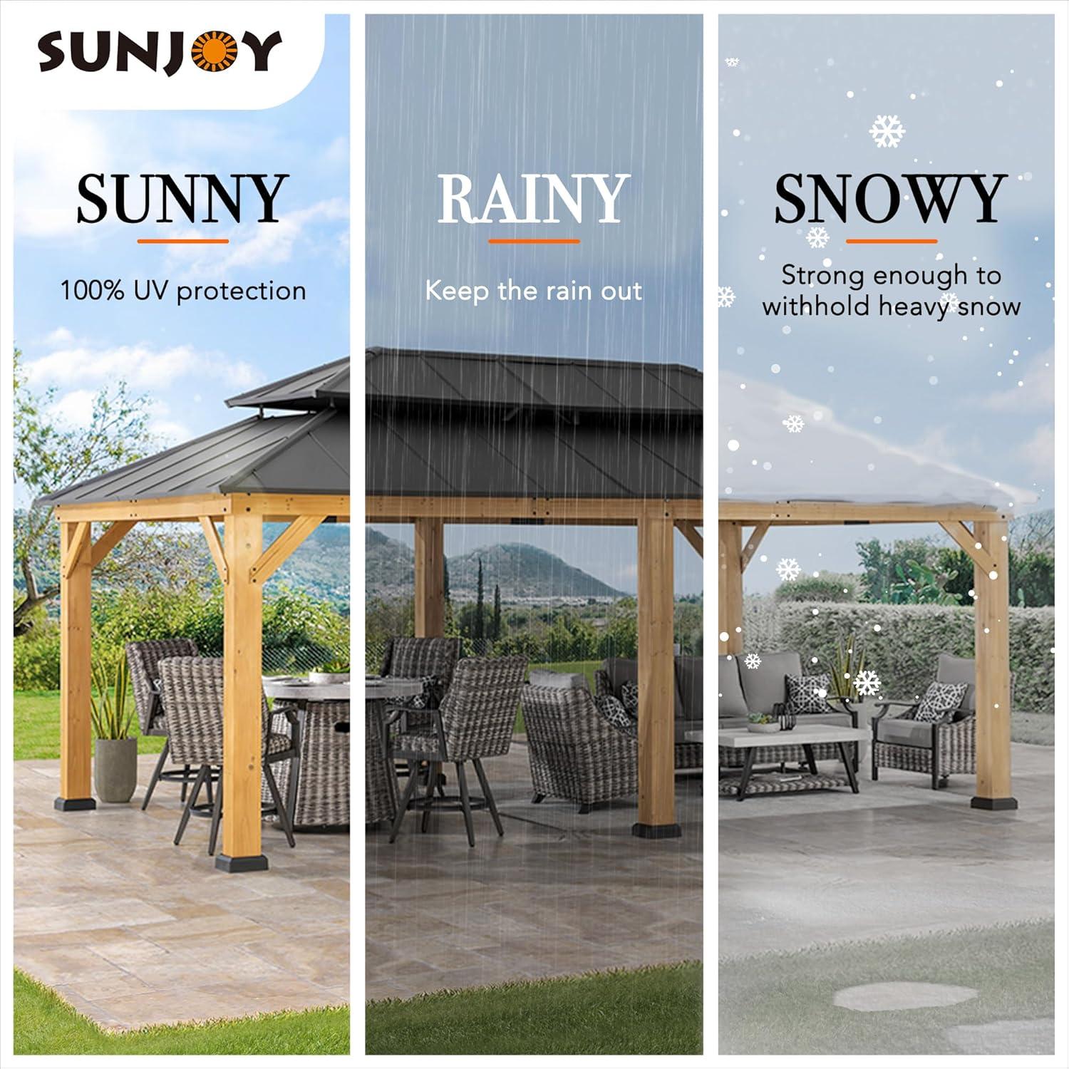 Sunjoy 12 x 20 ft. Wood Gazebo, Outdoor Patio Aluminum Hardtop Gazebo, Cedar Framed Wooden Gazebo with 2-Tier Roof, Suitable for Patios, Lawn and Backyard