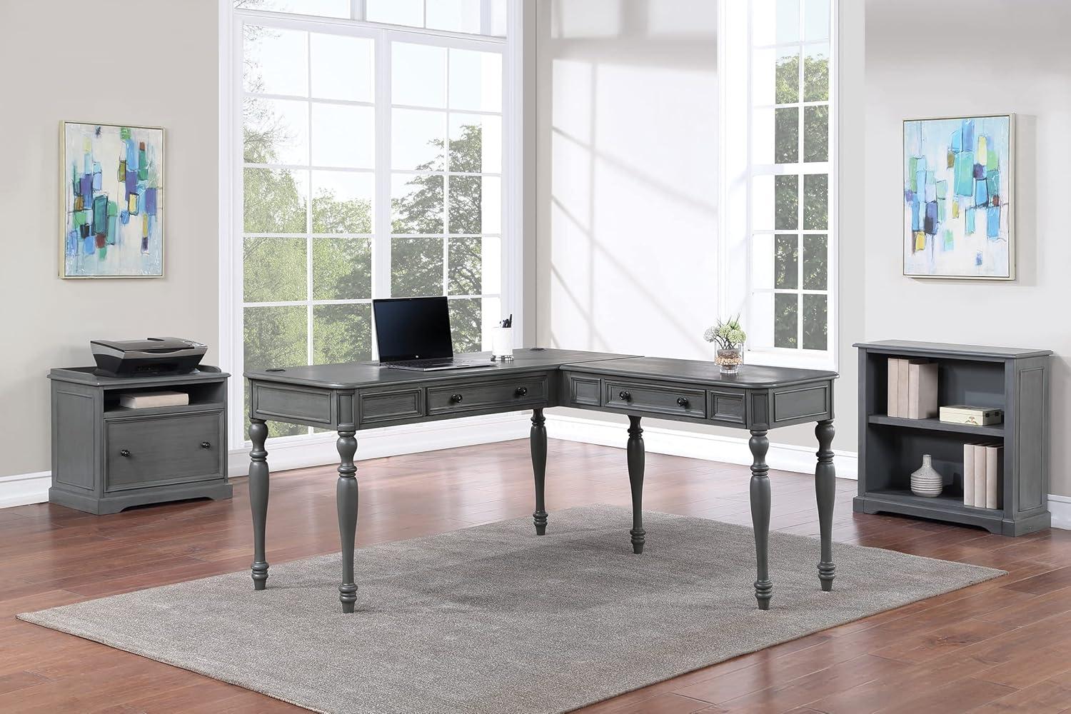 Gray L-Shaped Wood Corner Desk with USB Ports and Drawers