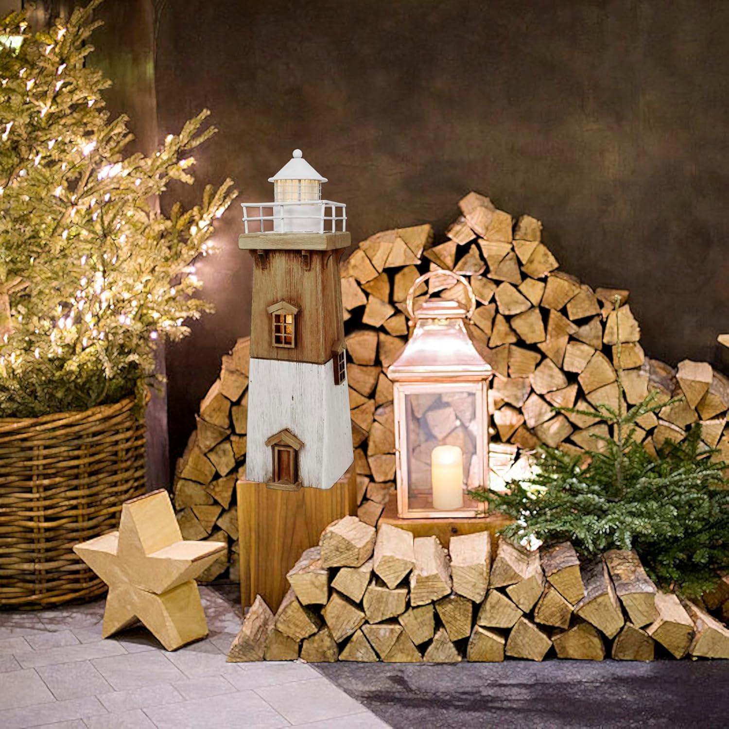 Rustic Wooden Nautical Lighthouse with LED Light, 13.78"