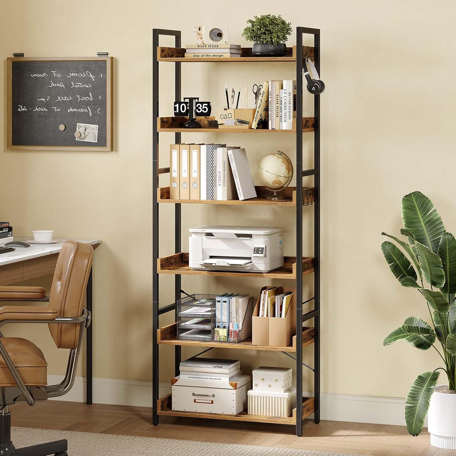 Bookshelf 6 Tier with 4 Hooks  Industrial Bookcase  Vintage Storage Rack with Open Shelves  Rustic Standing Bookshelves Metal Frame Display Rack for Living Room  Bedroom  Rustic Brown