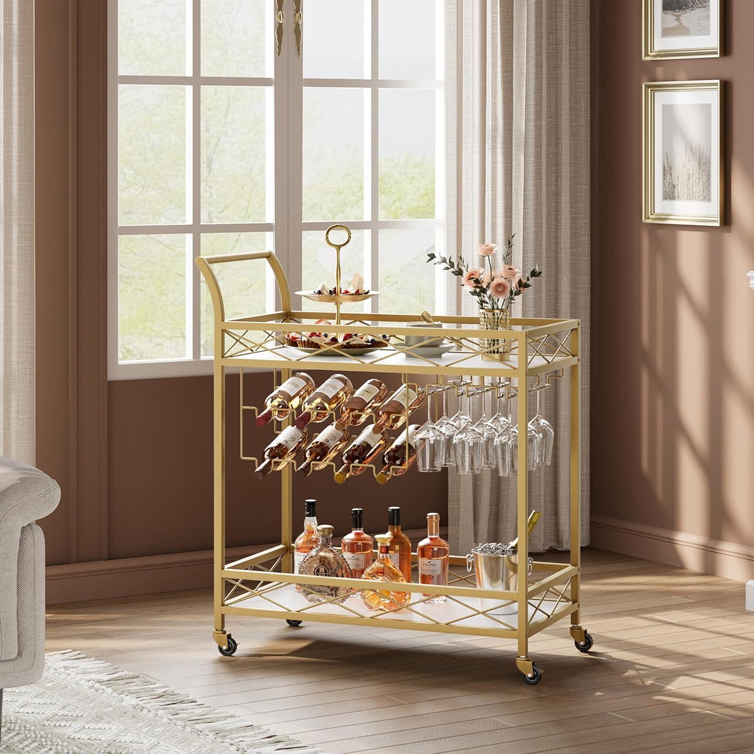 Gold and White Marble 2-Tier Bar Cart with Wine Rack