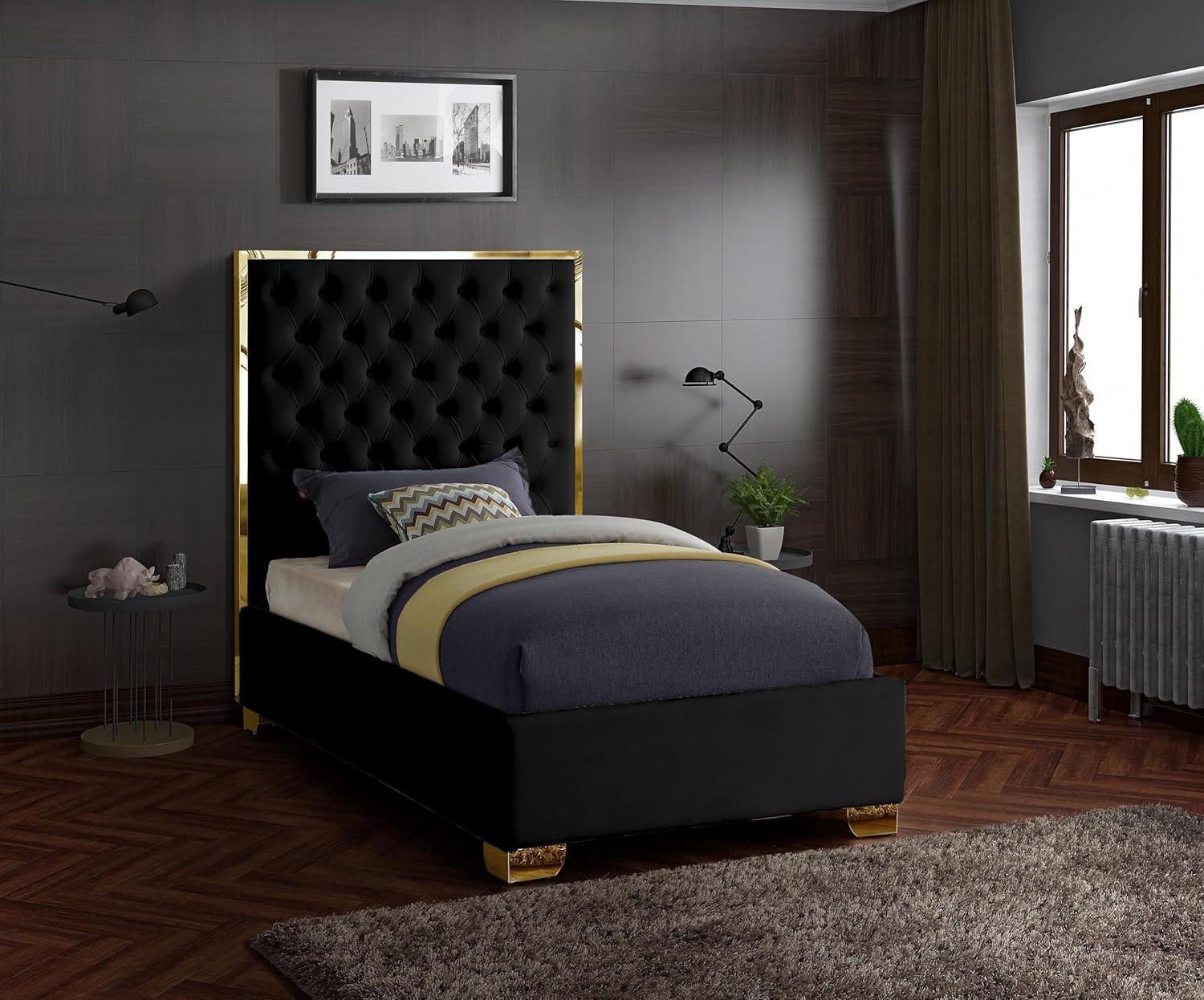 Lana Black Velvet Queen Bed-Color:Black Velvet,Finish:Gold,Style:Contemporary