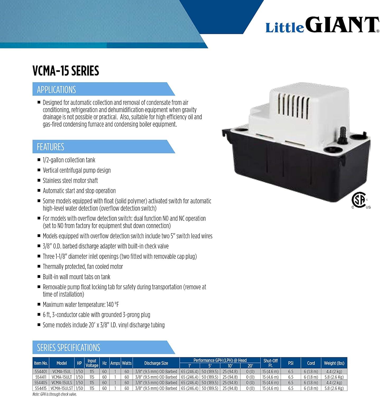 Little Giant VCMA-15ULT 115 Volt, 65 GPH, 1/50 HP Automatic Condensate Removal Pump with Tubing (no safety switch), Black/White