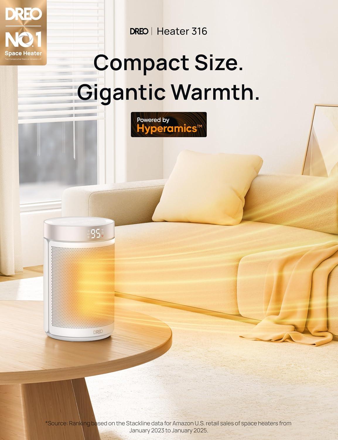 Dreo Space Heaters for Indoor Use, Portable Heater with Thermostat, 1-12H Timer, Eco Mode and Fan Mode, 1500W PTC Ceramic Fast Safety Heat for Office Bedroom Home, White