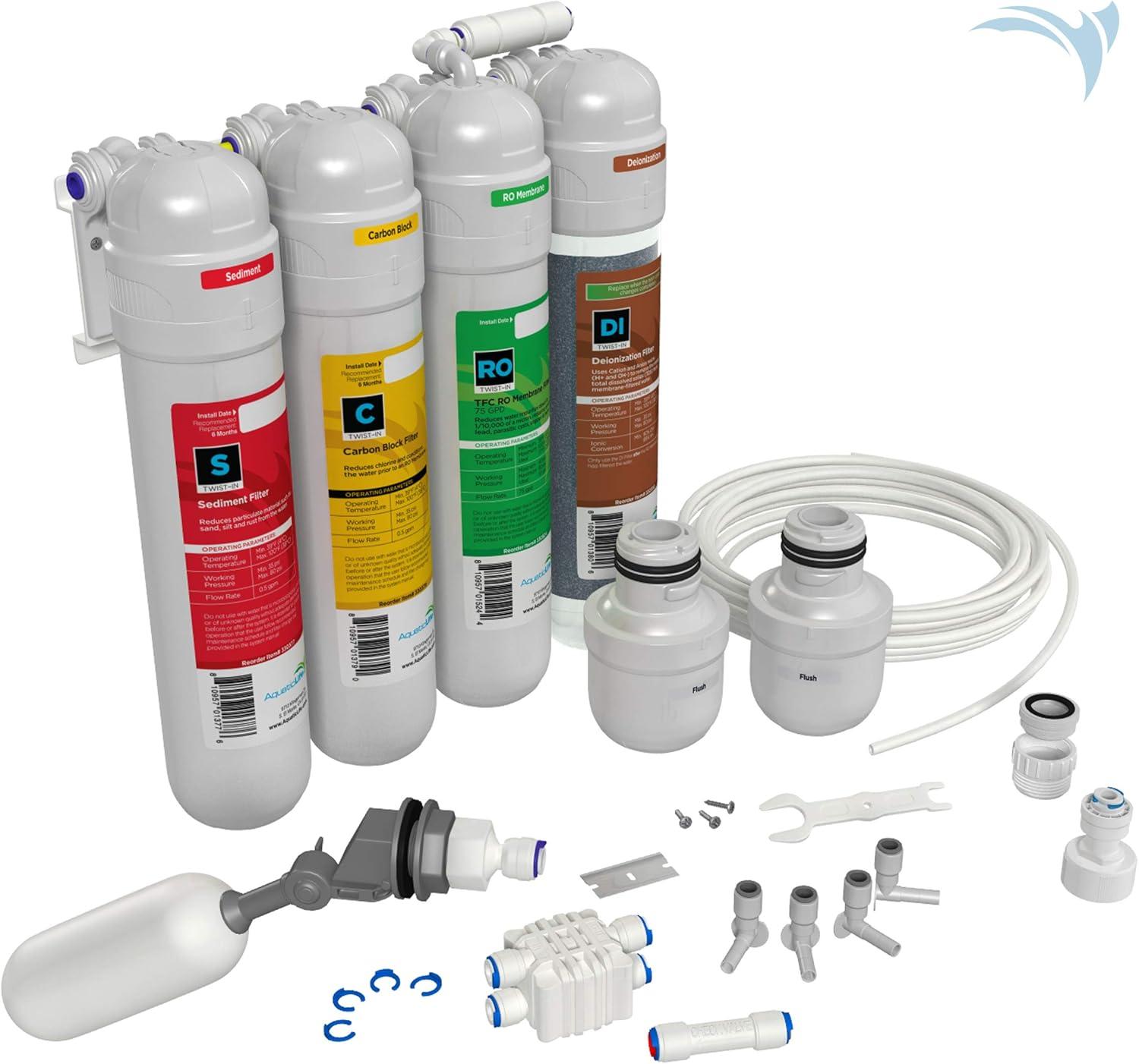 Aquatic Life Reverse Osmosis Water Filtration Unit, 4 Stage Twist-in 75 GPD, Deionization Water Filter