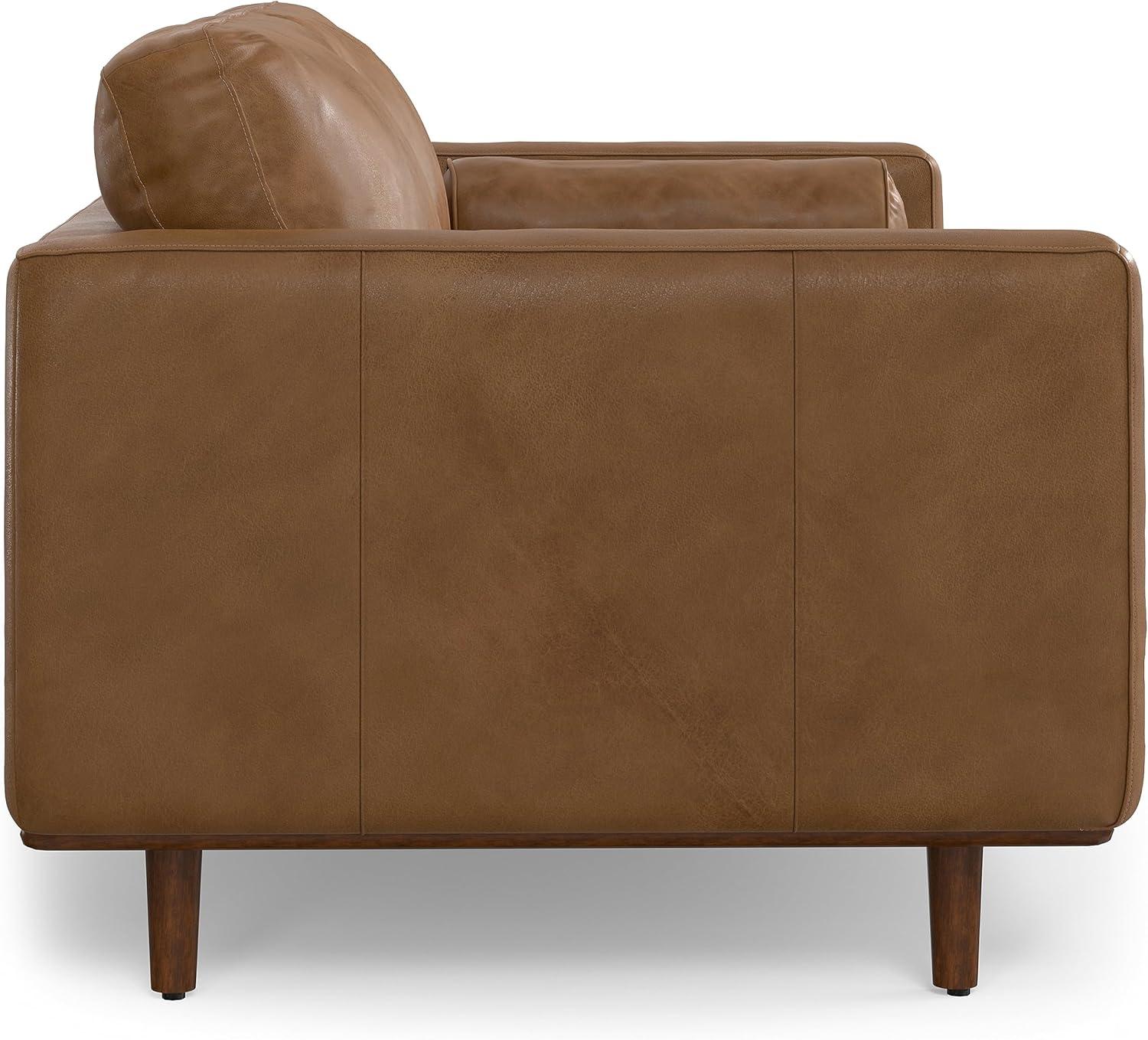 Simpli Home Morrison Mid-Century Modern 72 inch Wide Sofa in Caramel Brown Genuine Leather