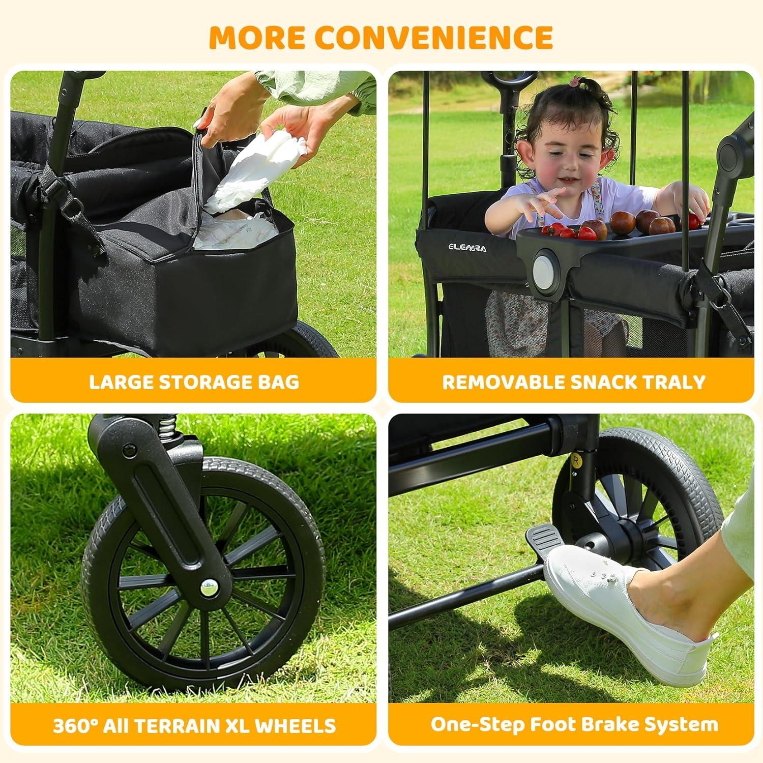 ELEMARA Stroller Wagon for 2 Kids, Foldable Wagon Stroller, Premium All Terrain Wagon for Kids, Kids Wagon Cart w/Removable Canopy, Adjustable Push/Pull Handle, Harnesses, Large Storage Bag, Black