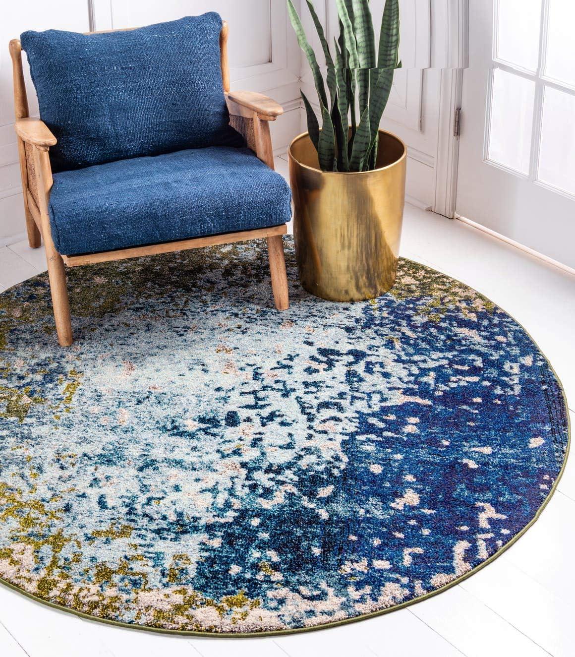 8' Round Blue Abstract Stain-Resistant Synthetic Rug