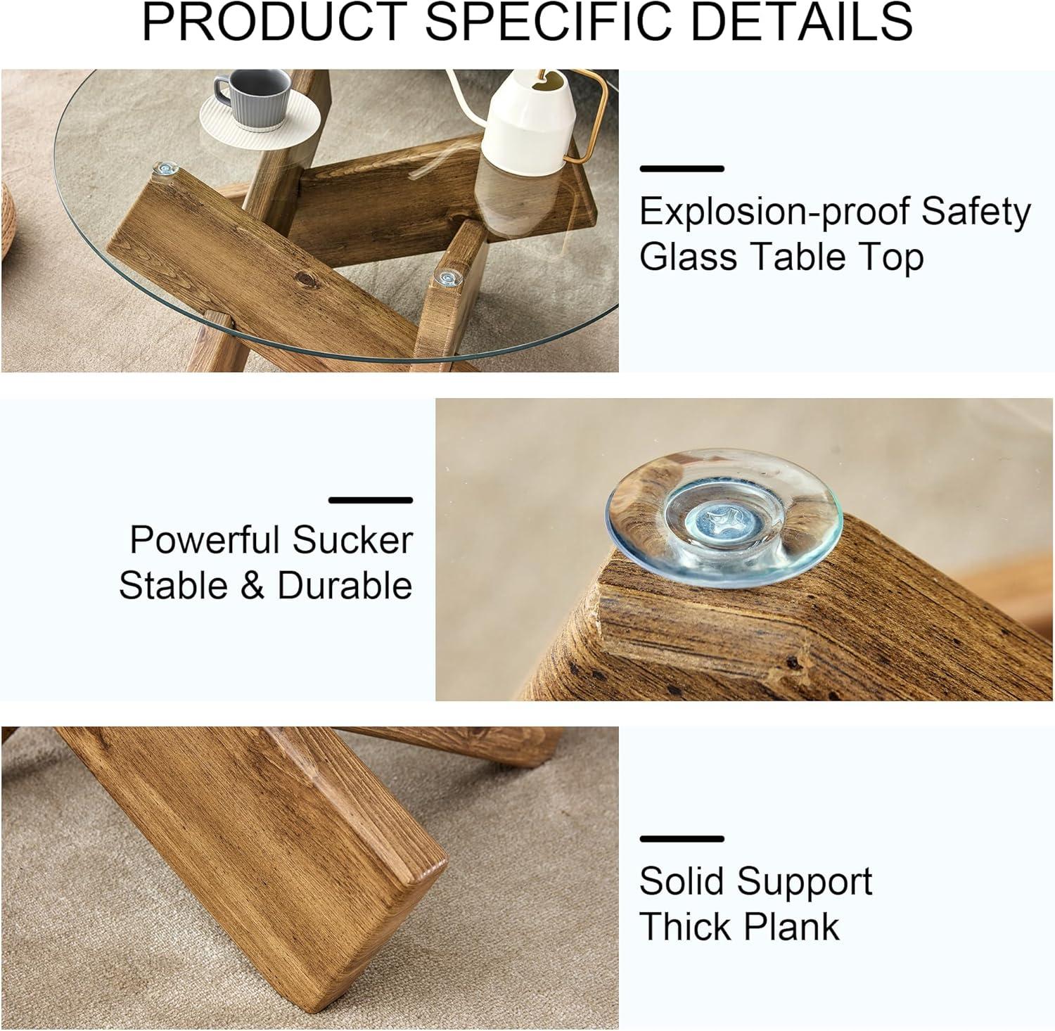 PAPROOS Round Coffee Table for Living Room, Modern Small Coffee Table with Tempered Glass Countertop and Patterned MDF Legs, Enter Table Side Table Glass Coffee Table, Easy Assembly, Natural Wood
