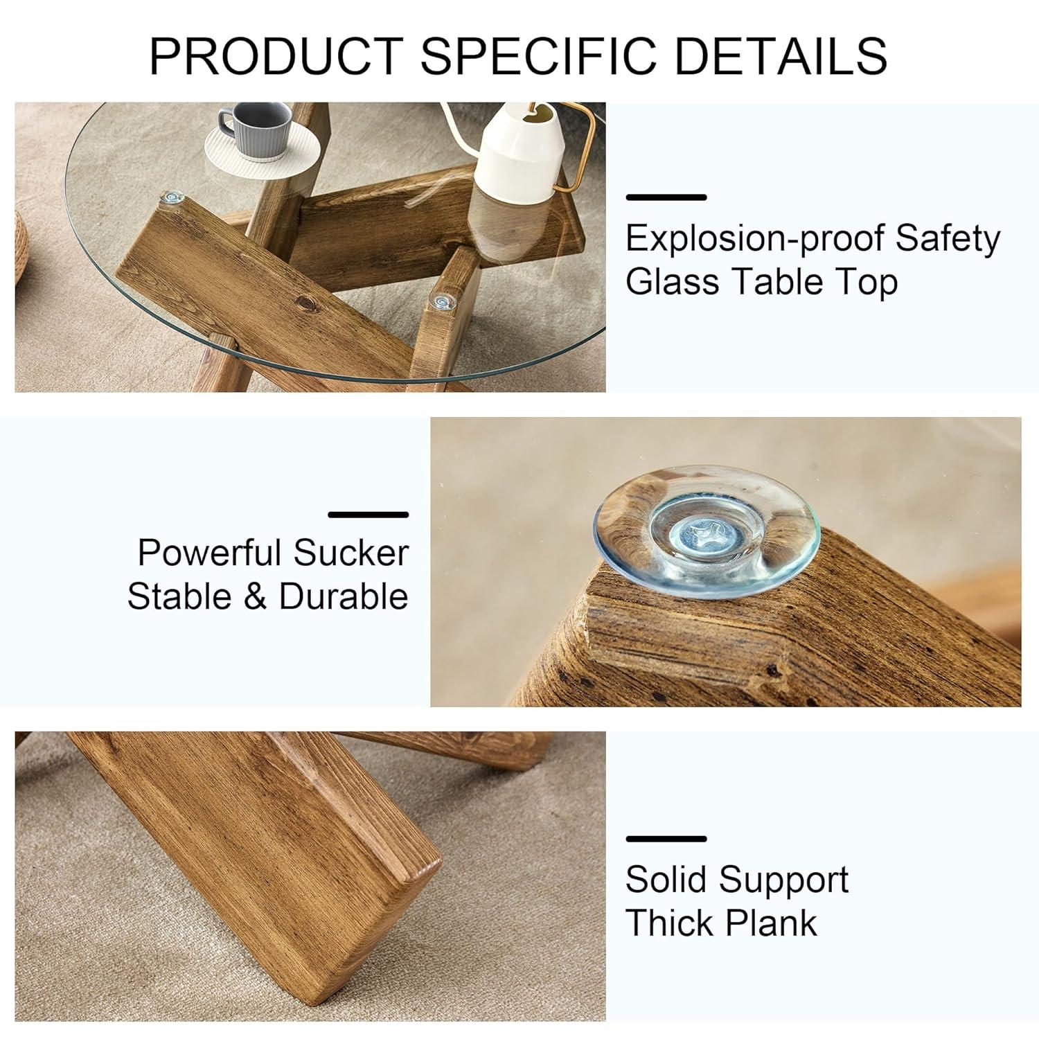 PAPROOS Round Coffee Table for Living Room, Modern Small Coffee Table with Tempered Glass Countertop and Patterned MDF Legs, Enter Table Side Table Glass Coffee Table, Easy Assembly, Natural Wood