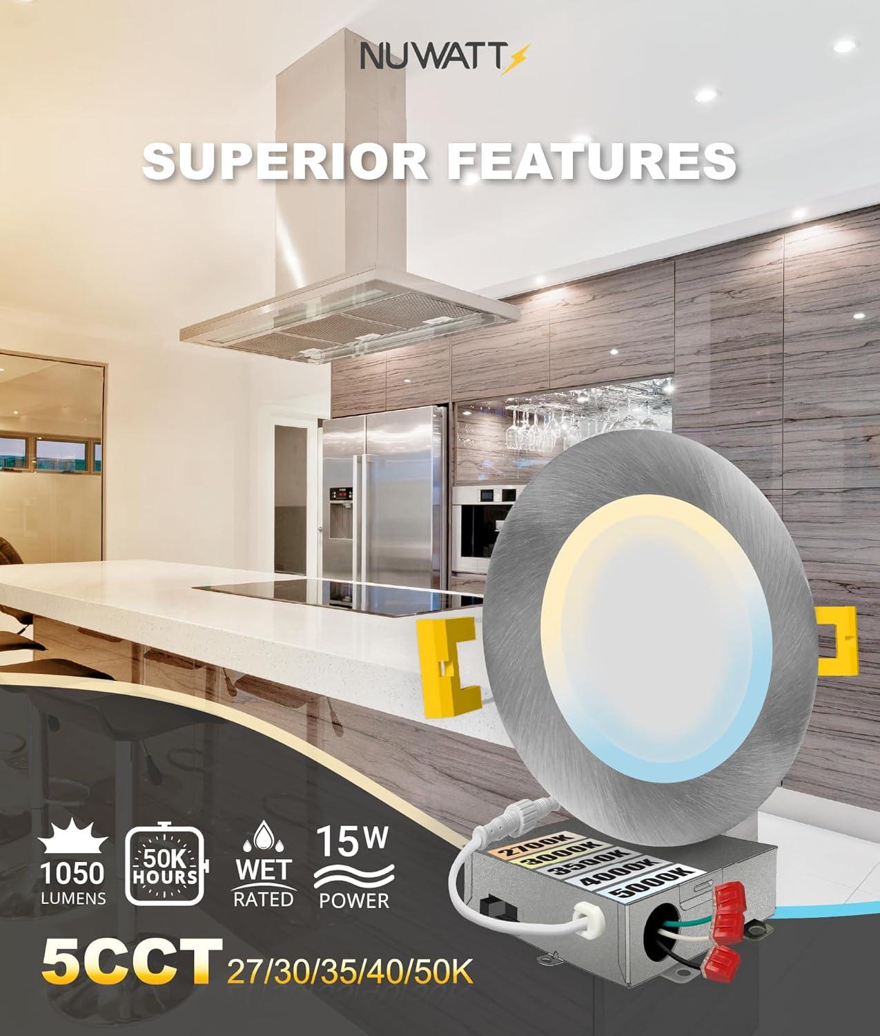 NUWATT Panel Downlight 6'' Selectable Color Temperature Dimmable Air-Tight IC Rated LED Canless Recessed Lighting Kit (Set of 12) NW-P-DL-6-15W-5CT-BN-12P