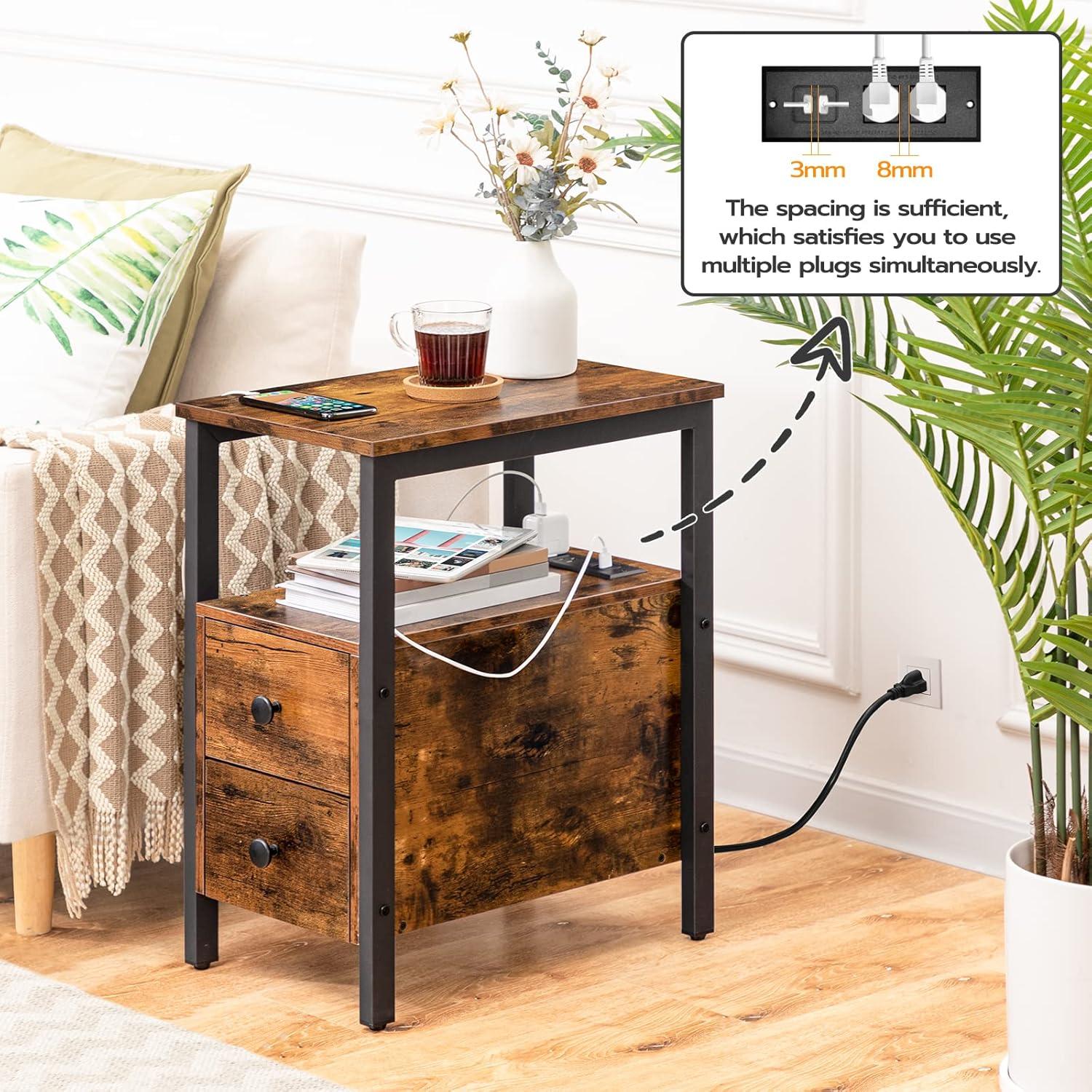 HOOBRO End Table with Charging Station, Narrow Side Table with 2 Drawer & USB Ports & Power Outlets, Nightstand for Small Spaces, for Living Room, Bedroom, Rustic Brown and Black BF541BZ01