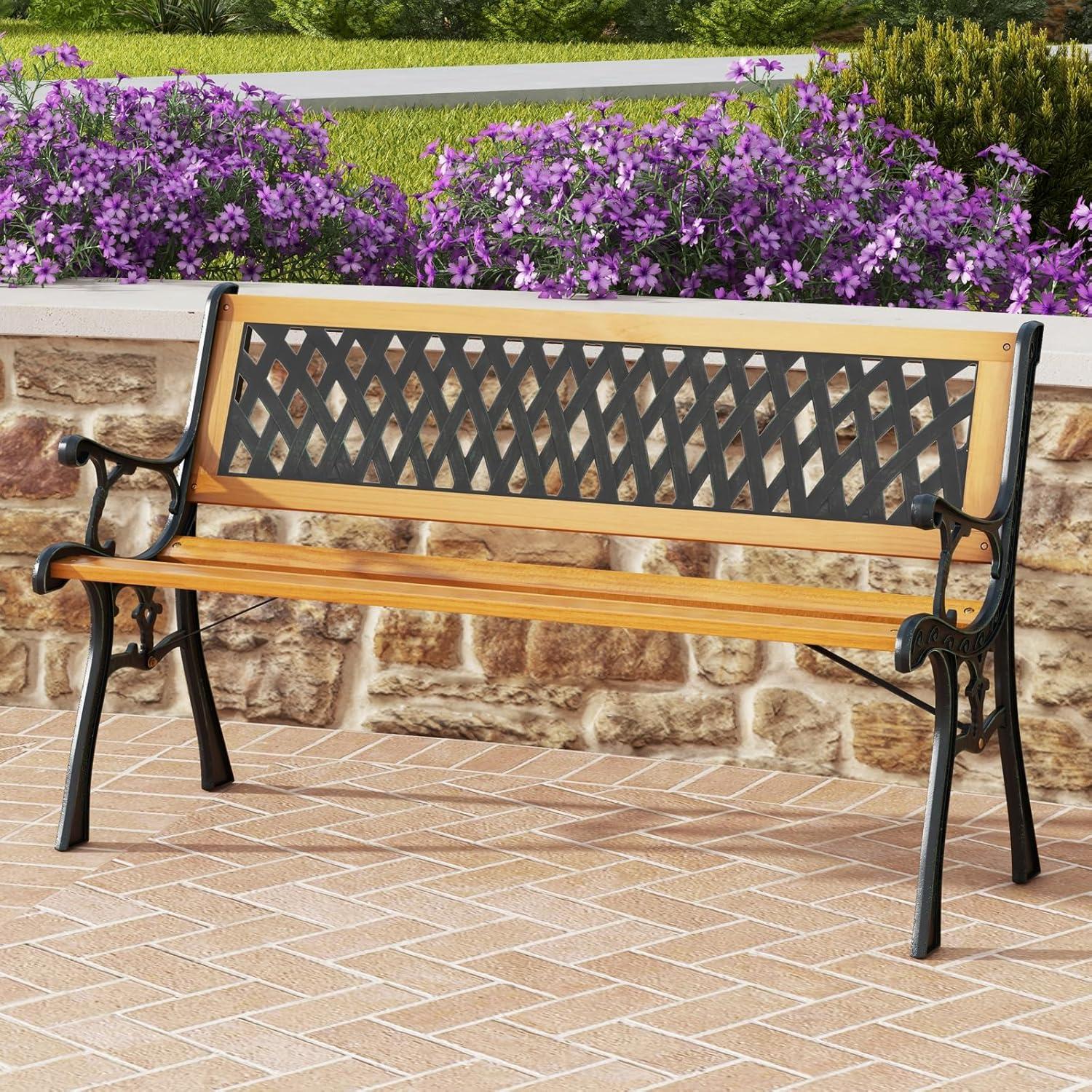 Natural Hardwood and Black Cast Iron Outdoor Garden Bench