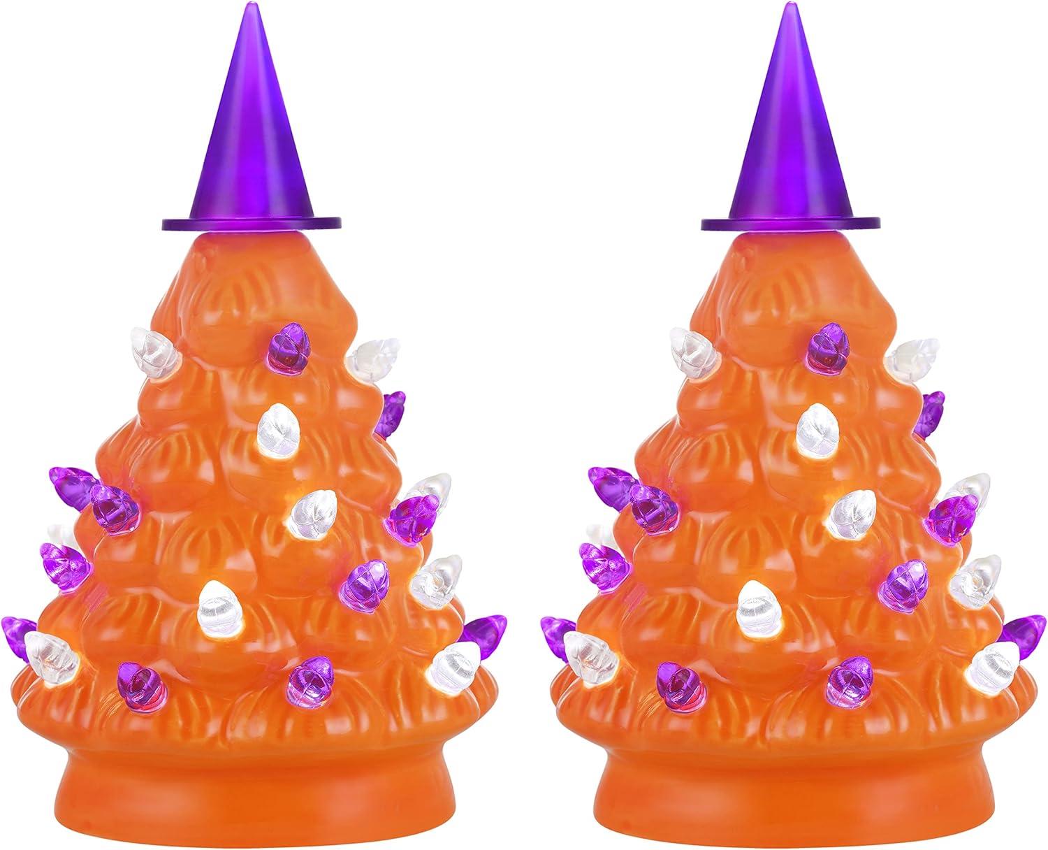 Set of 2 Orange Ceramic Halloween Trees with LED Lights