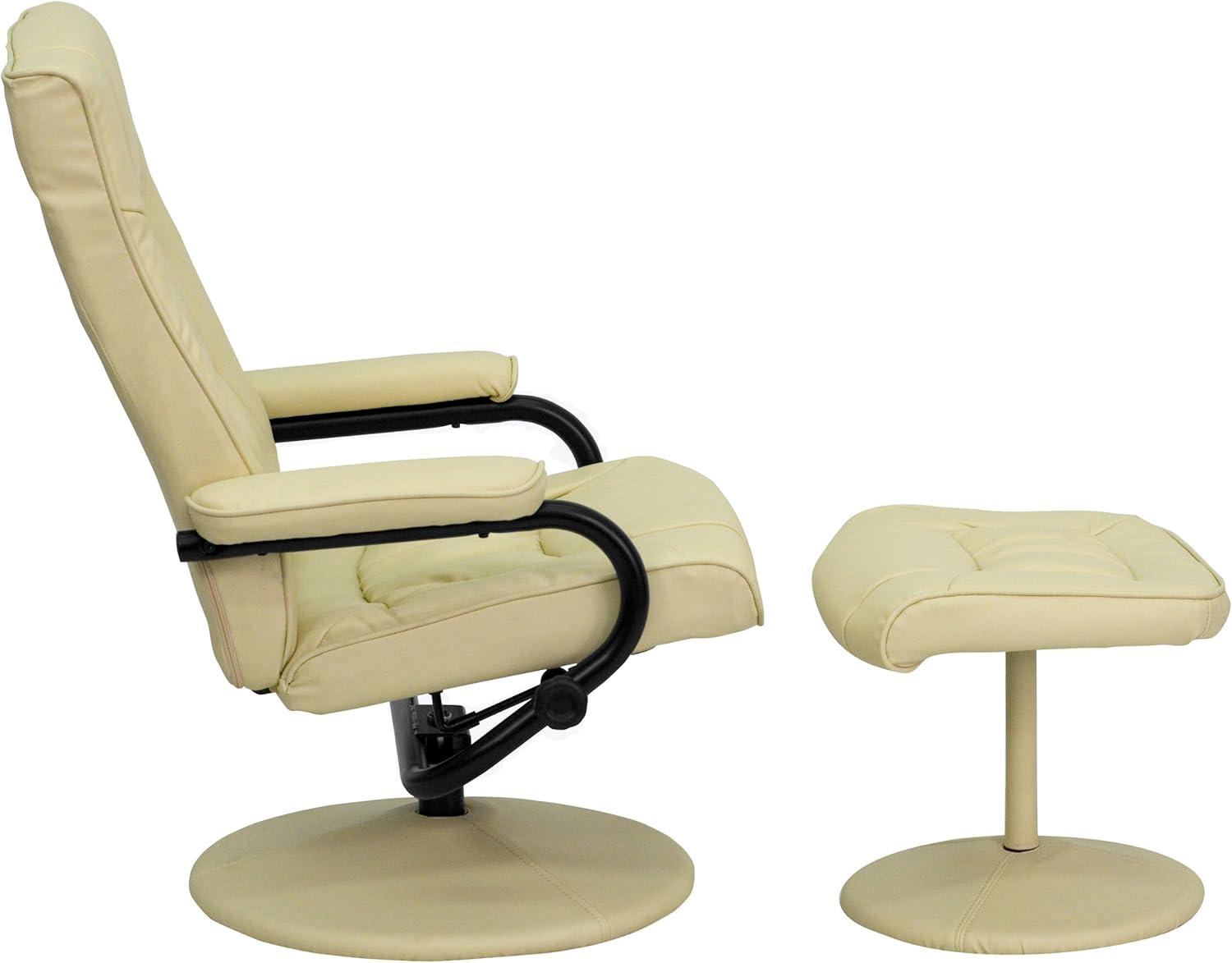 Cream Leather Swivel Recliner with Ottoman and Metal Base