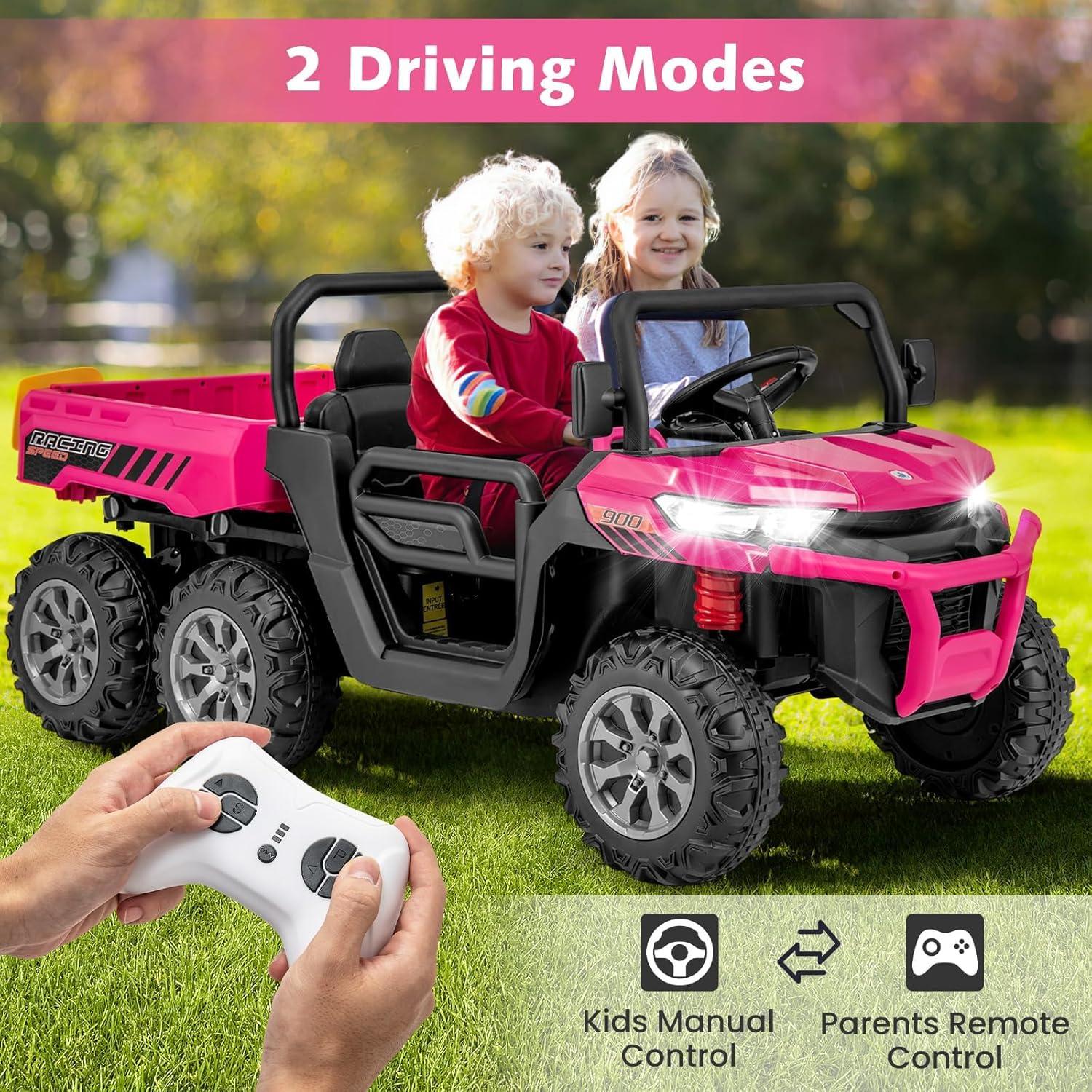 24V Kids Ride on Dump Truck with Remote Control, 2 Seater Powered 4-Wheel UTV Toys, 2x200W Ride on Tractor Car w/ Electric Dump Bed, Shovel, Bluetooth Music, Pink