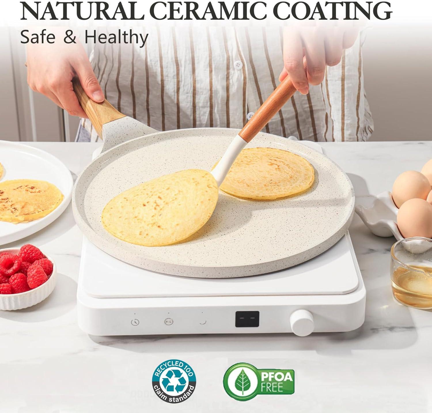 SENSARTE Nonstick Crepe Pan with Spreader, 10-Inch Natural Ceramic Coating Dosa Pan Pancake Flat Skillet Tawa Griddle with Stay-Cool Handle, Induction Compatible (White)