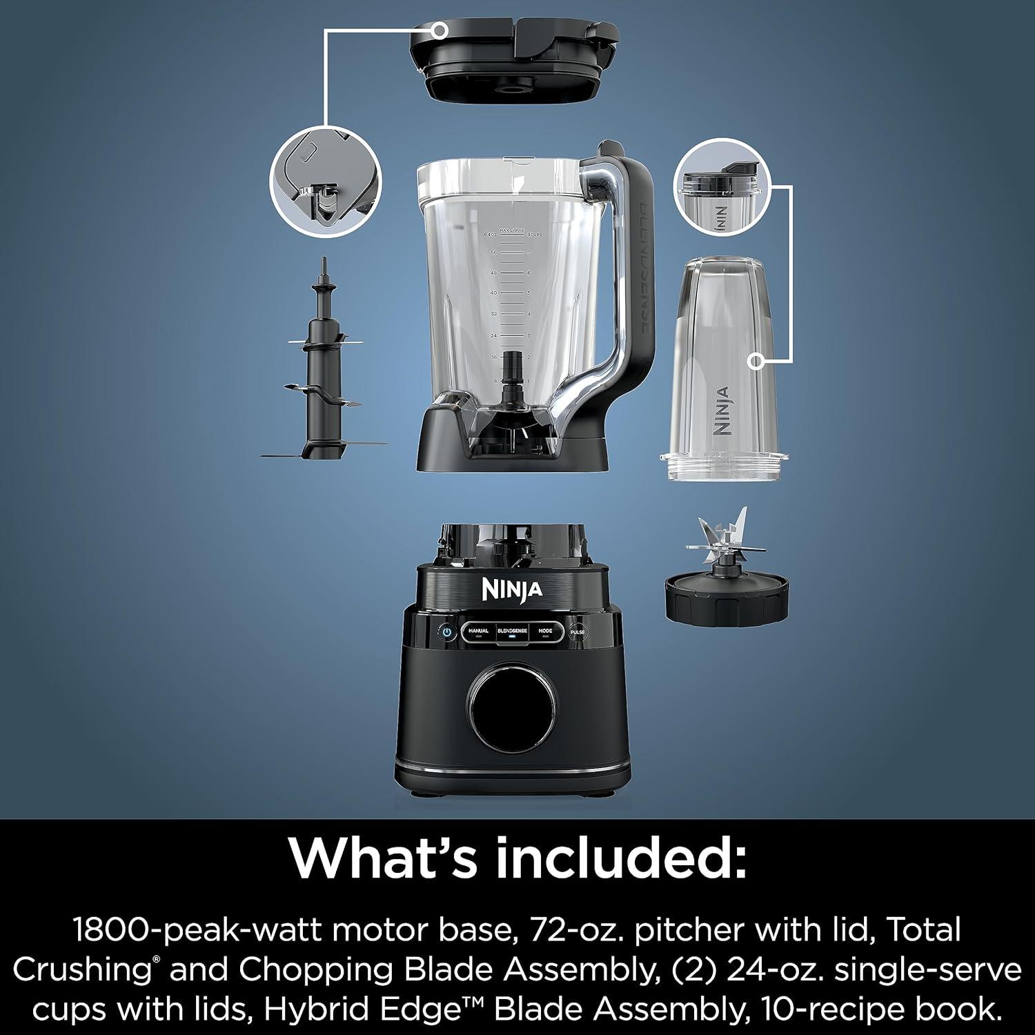 Ninja Ninja® Detect Power Blender Pro & Personal Single-Serve, BlendSense Technology, For-Smoothies, Food and More, Compact Design, 1800 P-Watts, with 72 oz. Pitcher and (2) 24 oz. Cups