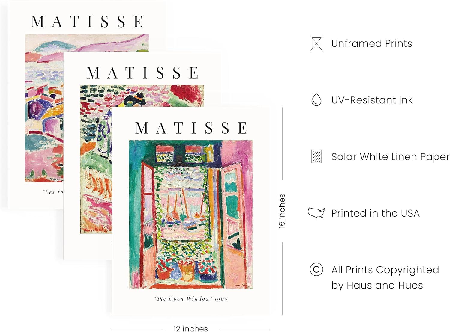 HAUS AND HUES Matisse Prints - Set of 3 Henri Matisse Wall Art, Famous Artist Paintings, Colorful Matisse Poster Set, Impressionist and Modern Art, Classic Art Poster (12x16, Unframed)