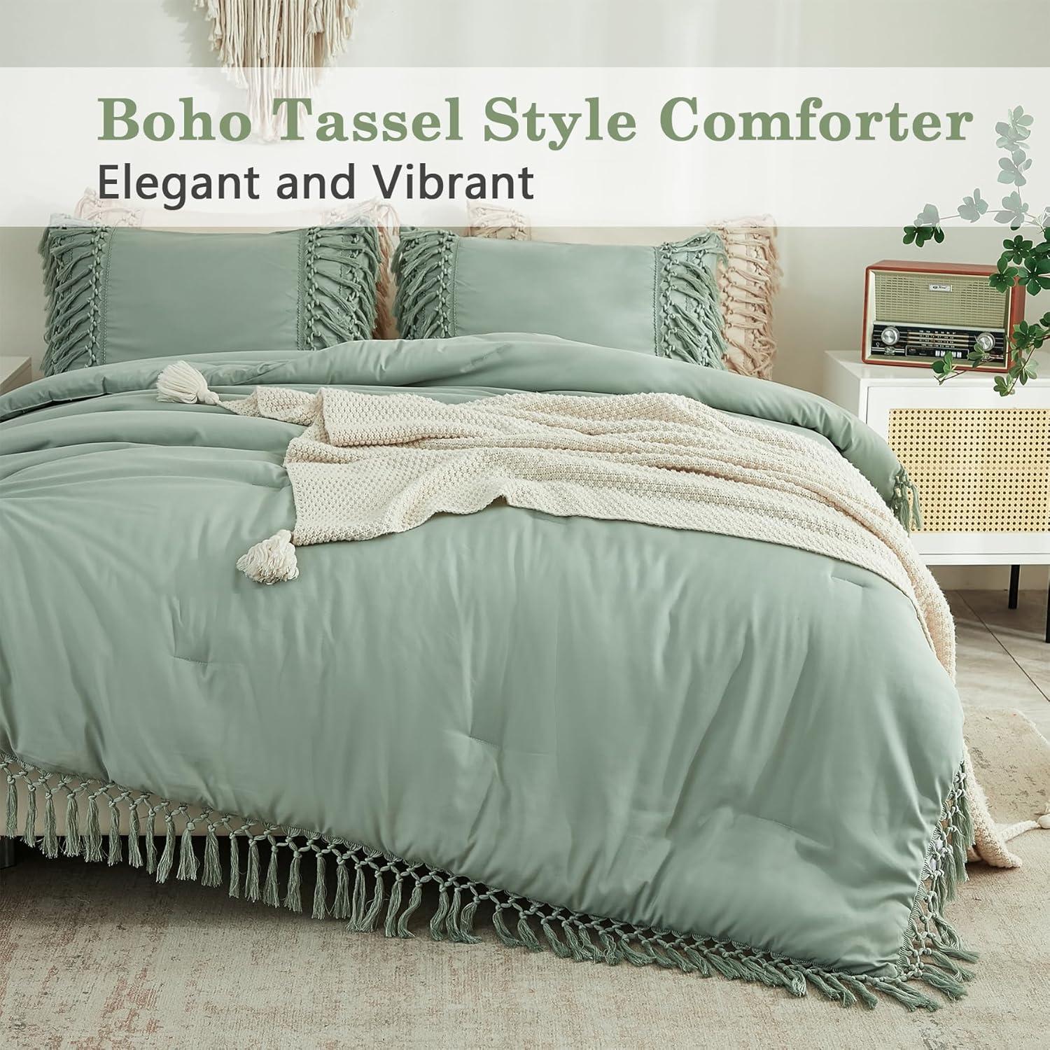 Sage Green King Microfiber Boho Tassel Comforter Set