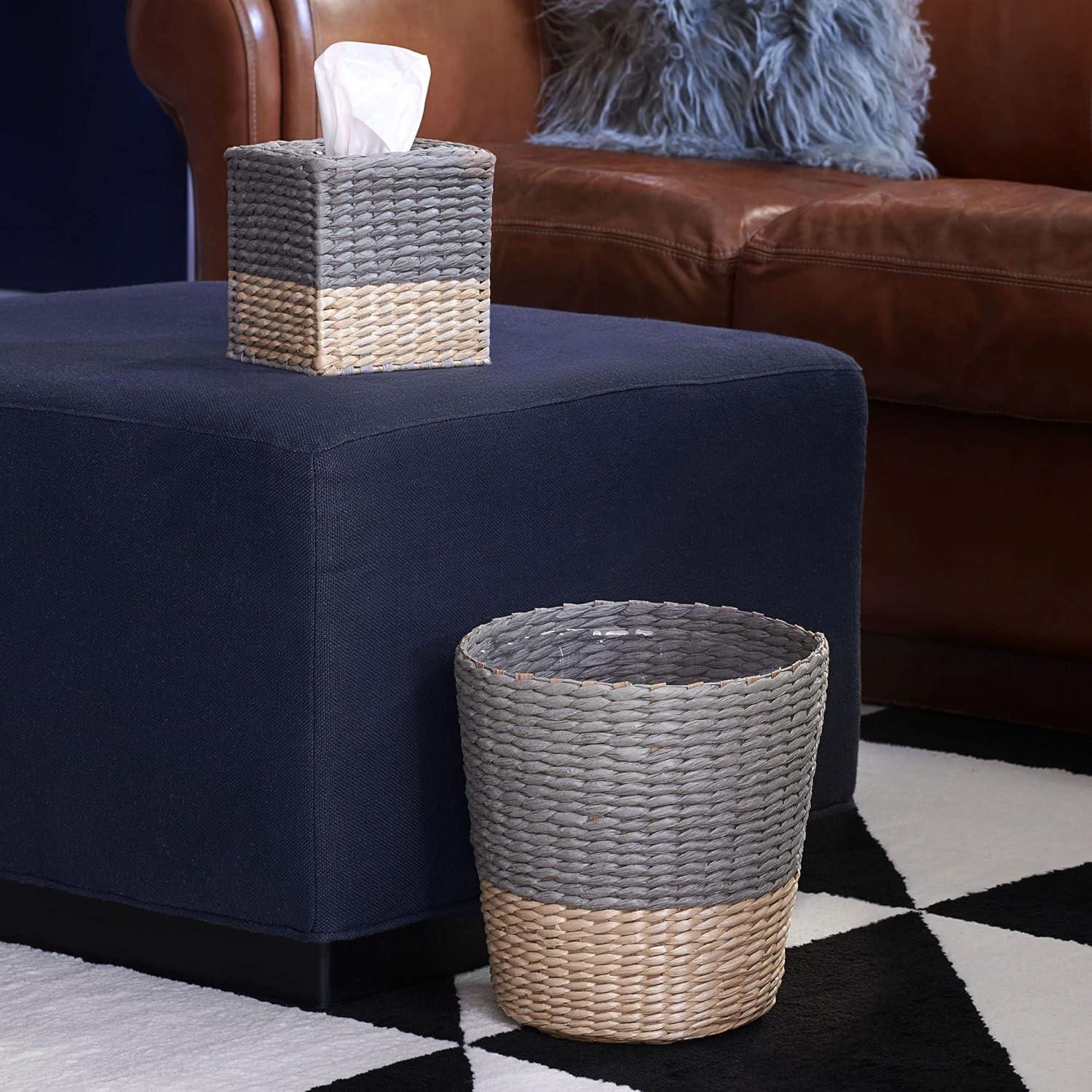 3-Piece Set Wicker Bathroom Accessories, Features Toilet Tissue Stand, Wastebasket and Tissue Box Cover, Wicker Material, Natural and Gray