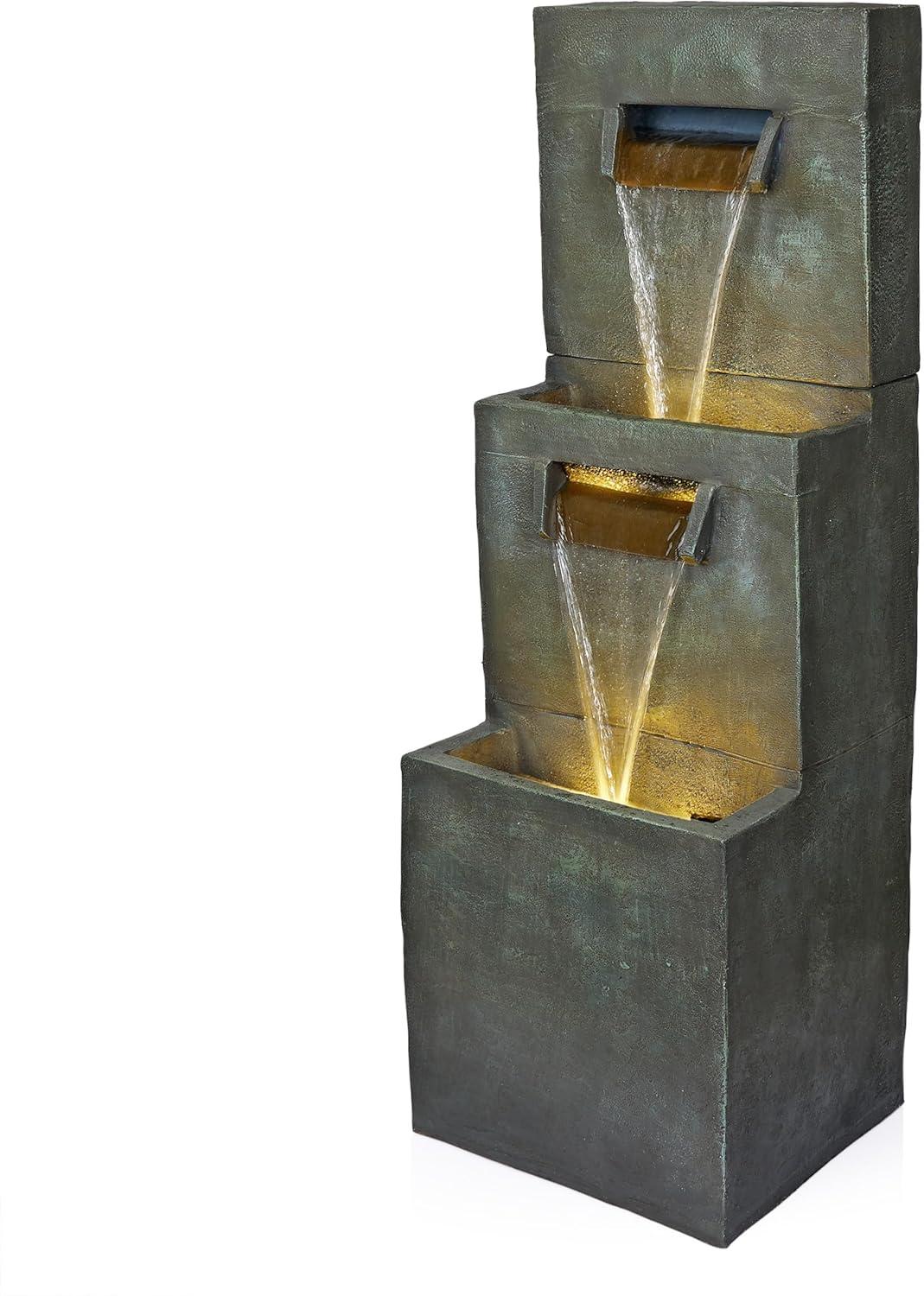 Alpine Corporation 40" Polyresin 2-Tier Modern Polystone Sculptural Fountain With Warm White LED Lights