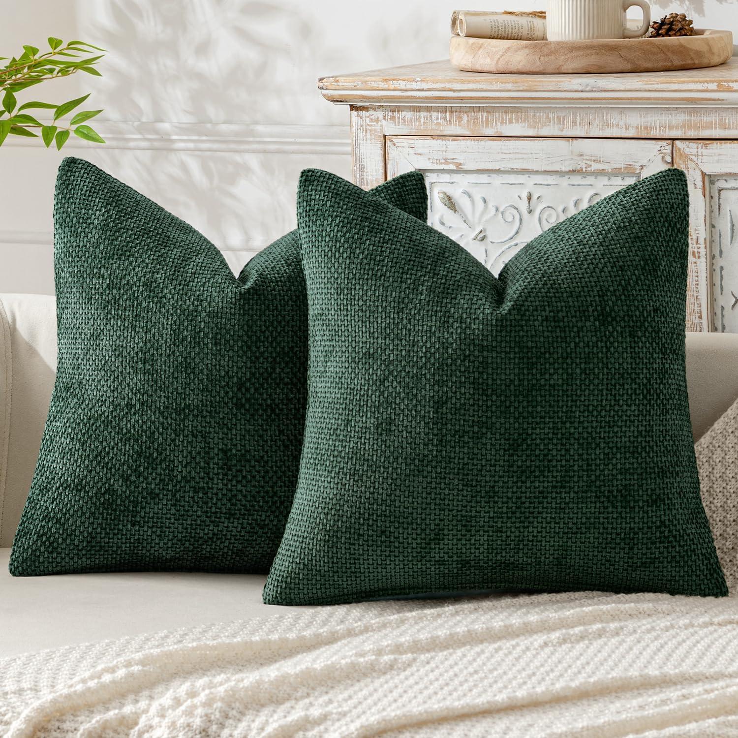 Green Chenille 18x18 Inch Decorative Pillow Covers, Pack of 2