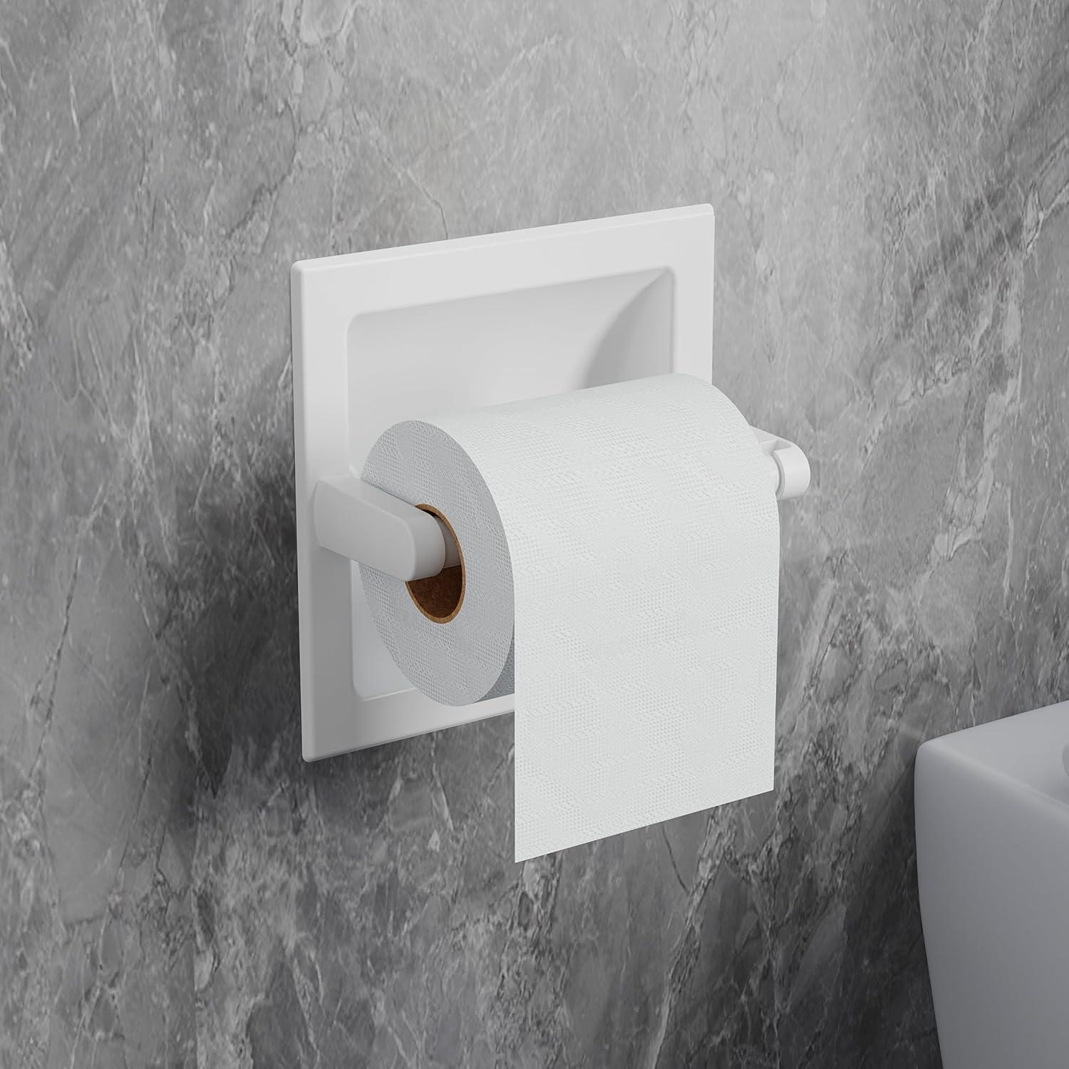 White Toilet Paper Holder Wall Mount, Bathroom Toilet Paper Holder White includes Rear Mounting Bracket, Recessed Toilet Paper Holder Spring Rod, White Toilet Paper Roll Holder