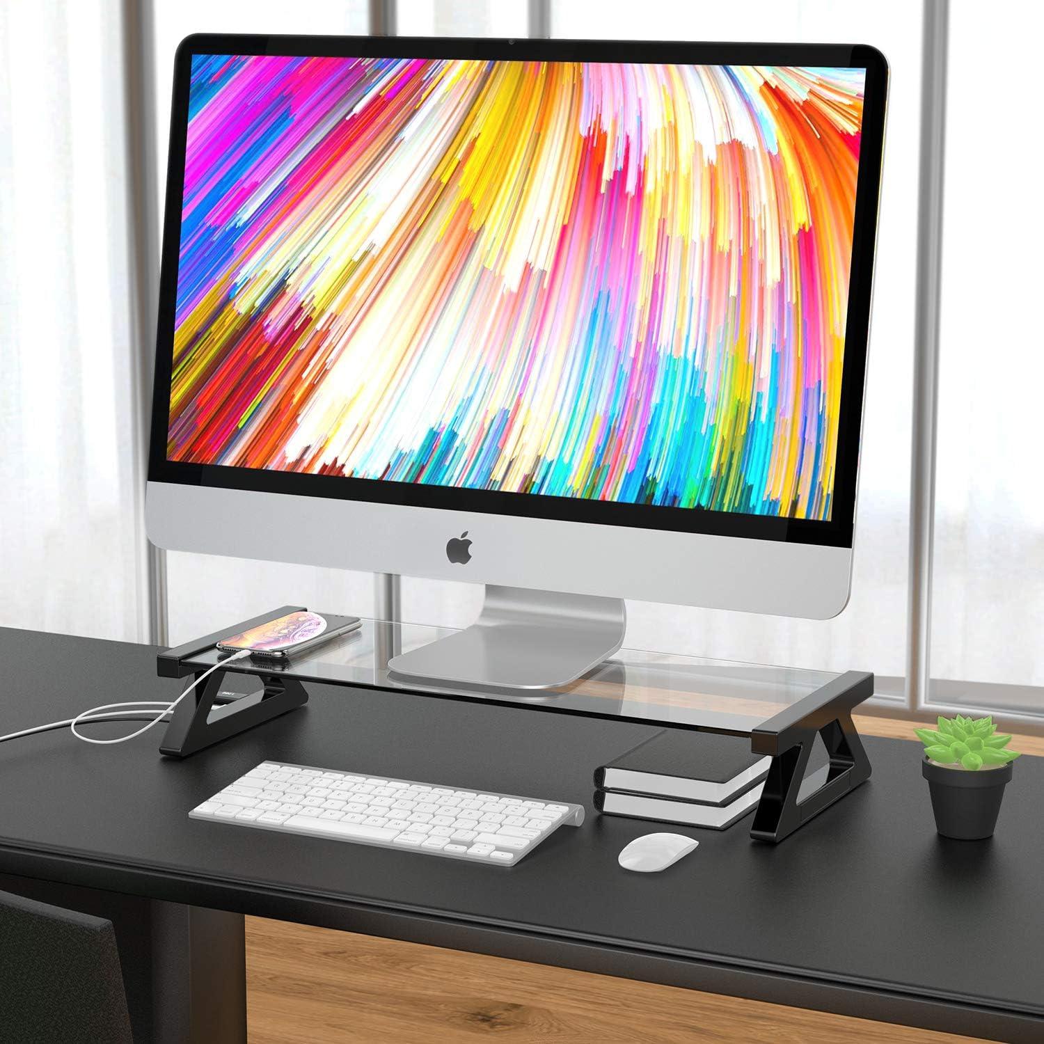 Yivandi Computer Monitor Stand with USB Ports, Clear Tempered Glass Monitor Riser, 3-in-1 USB Docking Laptop Riser for Desktop PC/iMac/MacBook/Printer